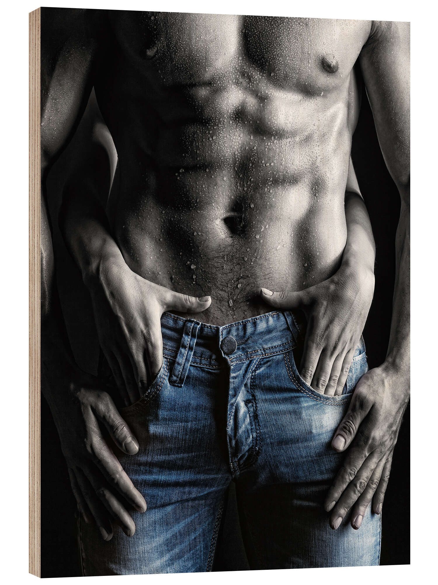 Posterlounge Holzbild Editors Choice, muskulöser Mann und weibliche Hände, Fitnessraum Fotografie