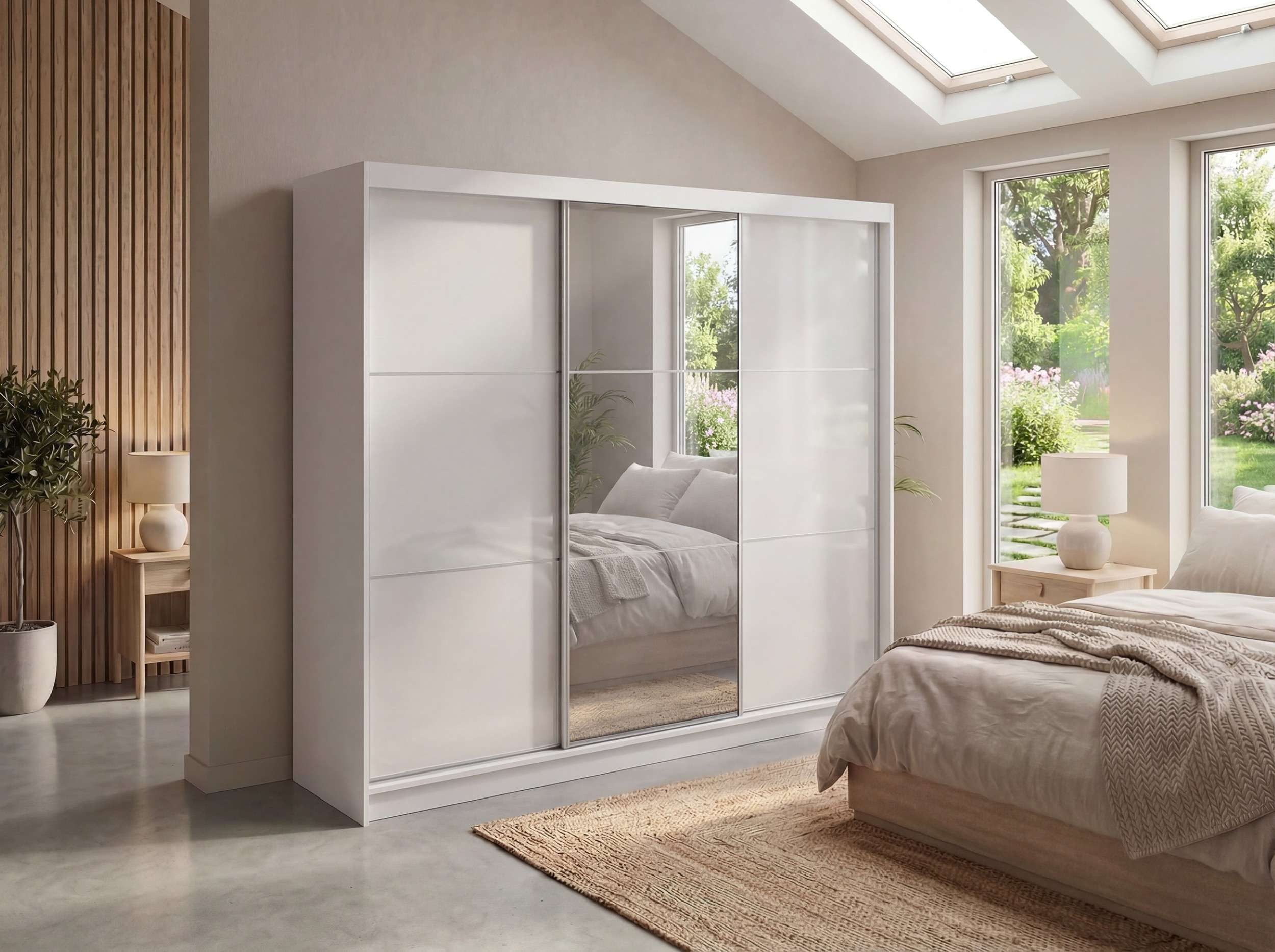 MKS MÖBEL Schiebetürenschrank WALENCJA 240 (Schwebetürenschrank mit Spiegel und Lacobel, Wäscheschrank) Schlafzimmerschrank mit/ohne Schubladen, 216 cm hoch, 61 cm tiefe