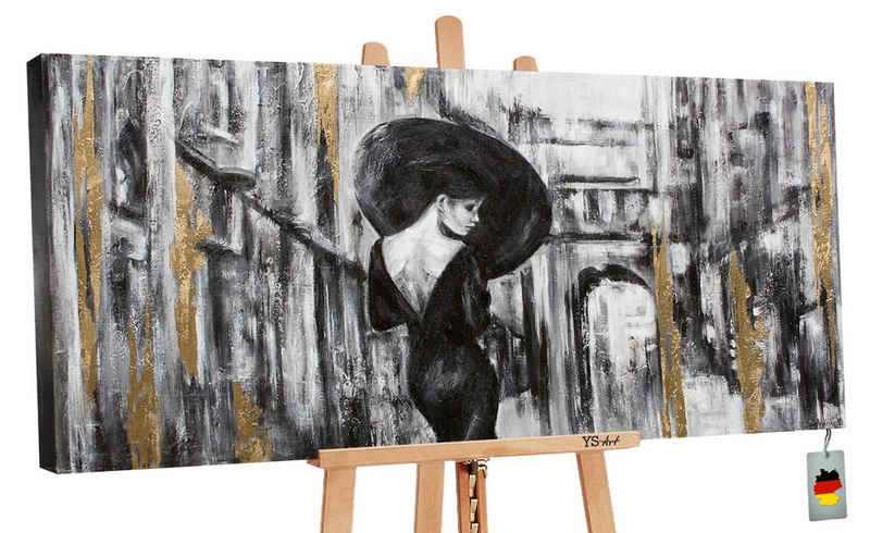 YS-Art Gemälde »Filmstreifen«, Menschen, Leinwand Bild Handgemalt Frau Regenschirm Gold Schwarz