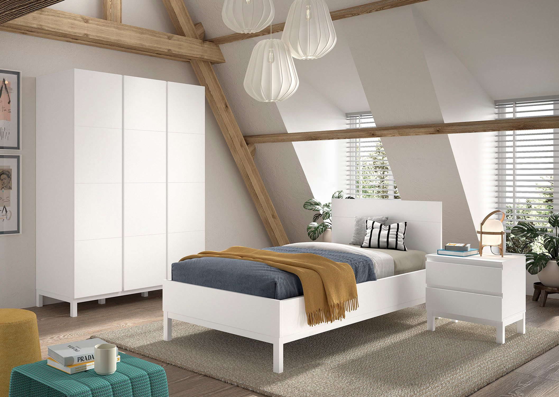 Vipack Jugendzimmer-Set Set best. aus Einzelbett 90/200, Nachtkonsole, Kleiderschrank 3-trg., (3-tlg), in gradlinigem Design, pflegeleichte lackierte Oberfläche in Weiß