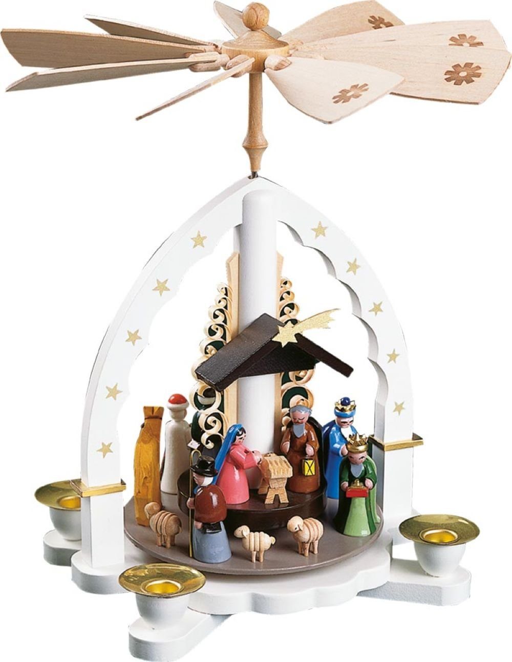 Richard Glaesser Weihnachtspyramide Heilige Familie weiß mit Heiligen Drei Königen bunt, Höhe 27cm, Handwerkskunst original Erzgebirge