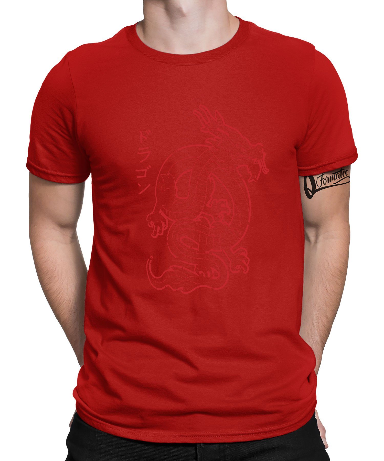 Quattro Formatee Kurzarmshirt Dragon Drache mit Japanischen Schriftzeichen Kanji - Ästhetik Herren (1-tlg) Rot