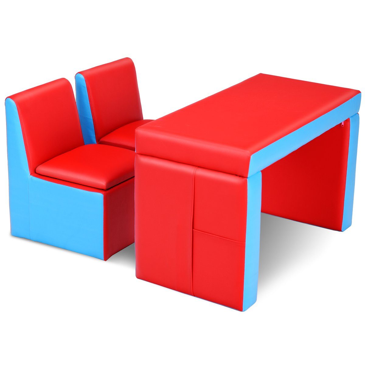 COSTWAY Kindersofa, Kindertisch mit 2 Stühlen mit Stauraum, 2 in 1 umwandelbar Rot