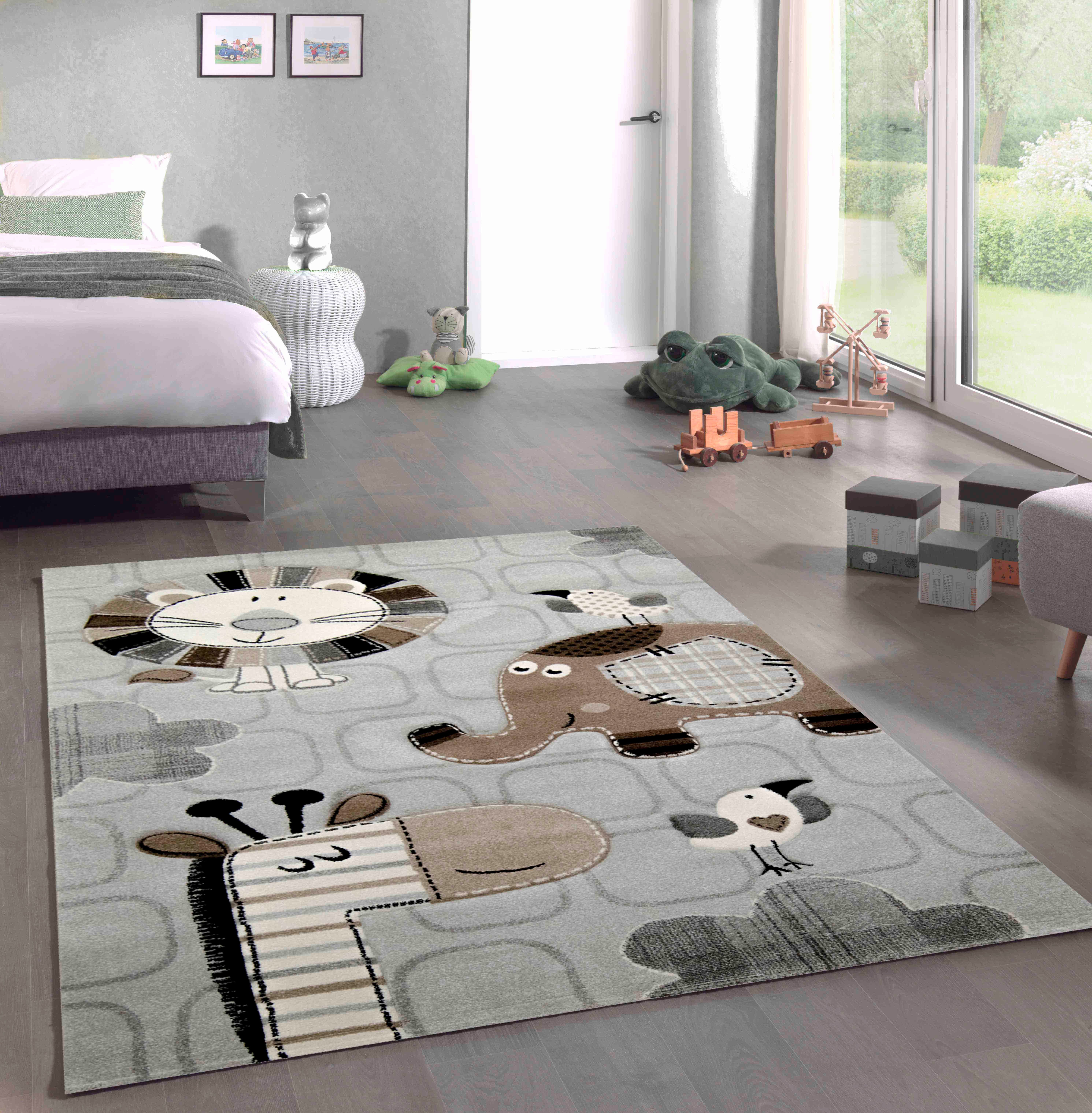 Carpetia Kinderteppich Kinderzimmer Teppich afrikanische Tierel creme grau günstig online kaufen
