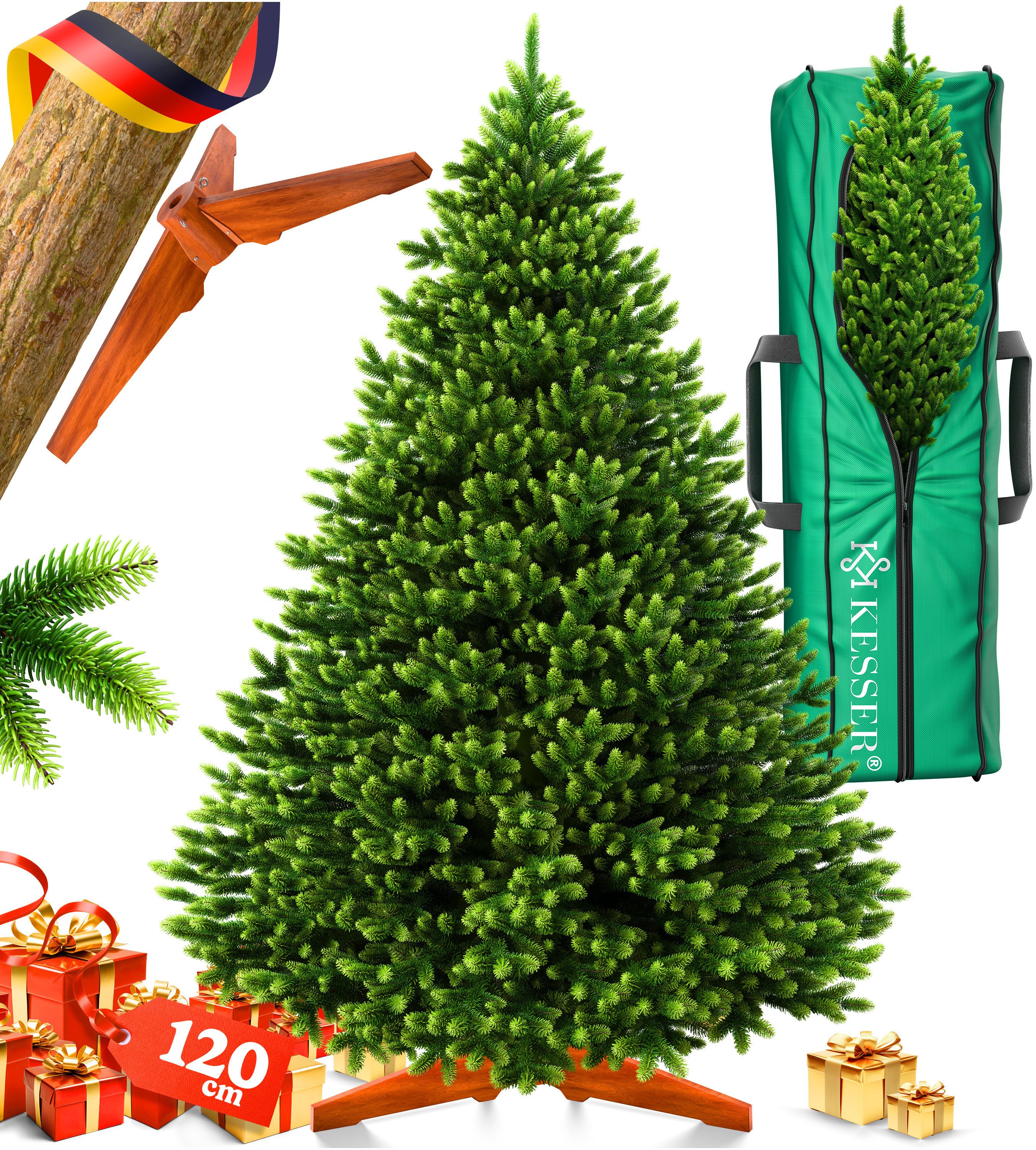 KESSER Künstlicher Weihnachtsbaum naturgetreu 120 cm inkl. Holzständer & Tasche, Tannenbaum, Dichte Zweige, kein Nadeln, Realistisch