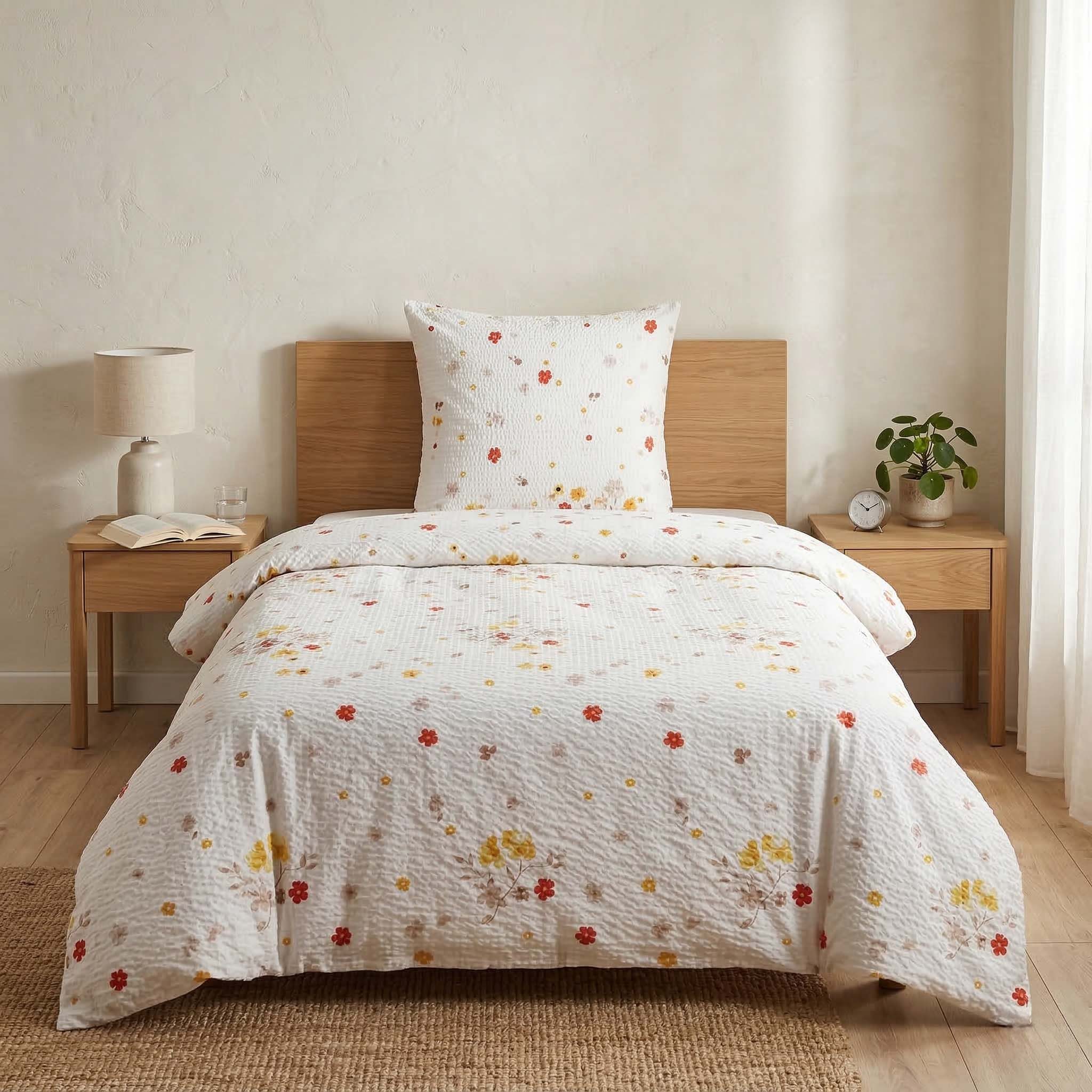Casa Colori Bettwäsche Seersucker Bettgernitur 135x200 100% Baumwolle, Seersucker, 2 teilig, Weiß Blumenmuster