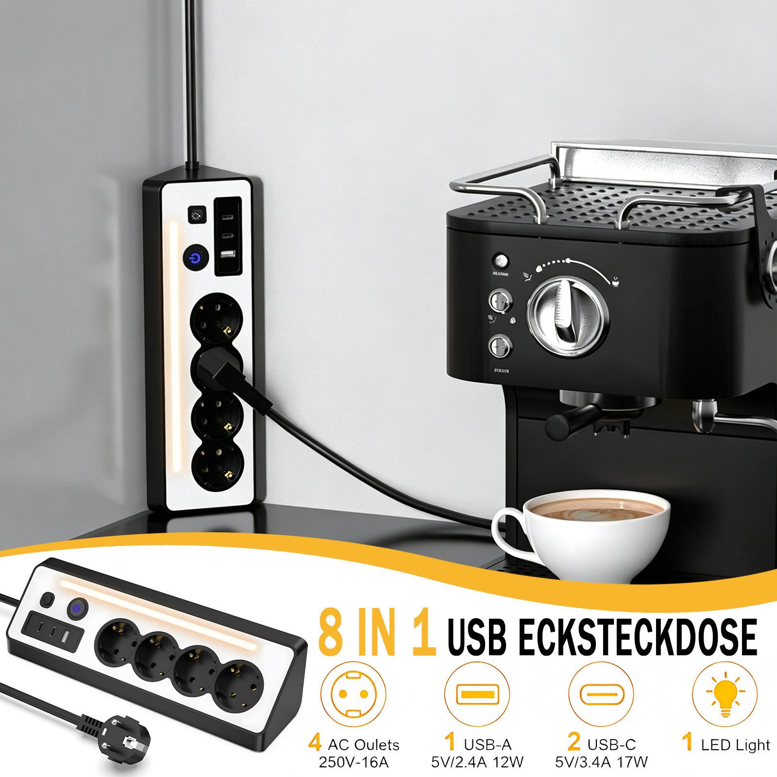 AKKEE Tischsteckdosenleiste, Eck-Steckdosenleiste Mehrfachsteckdose, 4 Fach Mehrfachsteckdose mit USB und 2 Type-C