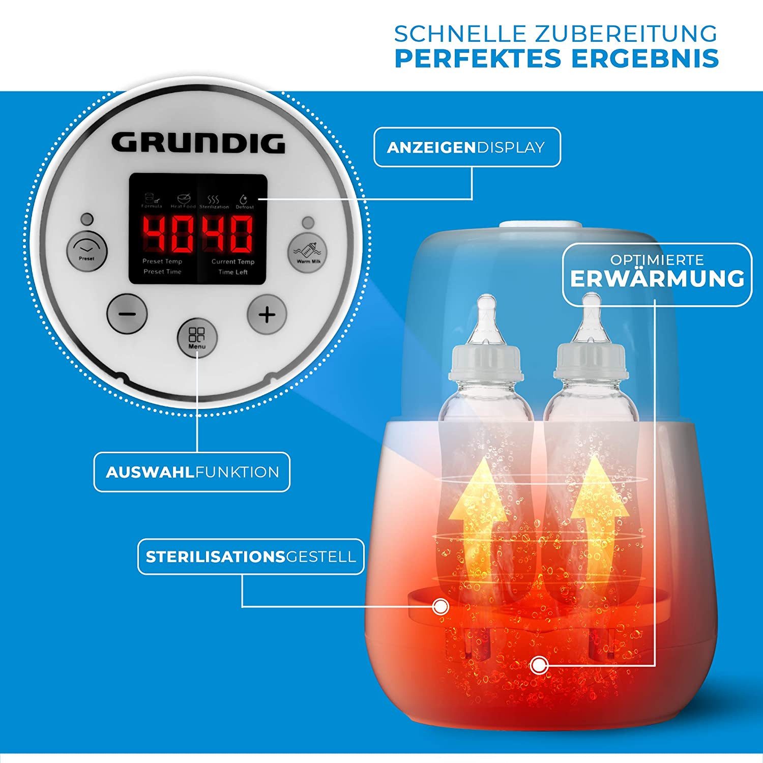 Grundig Babyflaschenwärmer Flaschenwärmer 3in1 Funktion Babykostwärmer, Babykostwärmer Reise Sterilisator Anti Bauchweh Automatik