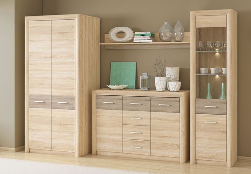 Wohnwand Castel, (Set, 1 Vitrine - 1 Kommode - 1 Stauraumschrank - 1 Wandregal), Gesamtmaße B/T/H: 285 cm / 43 - 66 cm / 201 cm