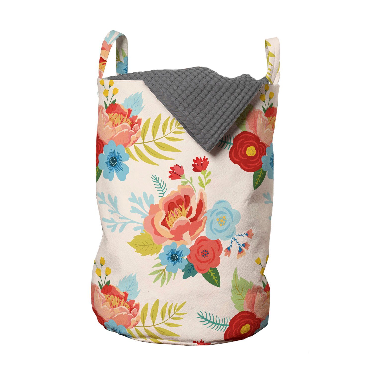 Abakuhaus Wäschesäckchen Wäschekorb mit Griffen Kordelzugverschluss für Waschsalons, Botanischer Pastel Flower Buds Wiese