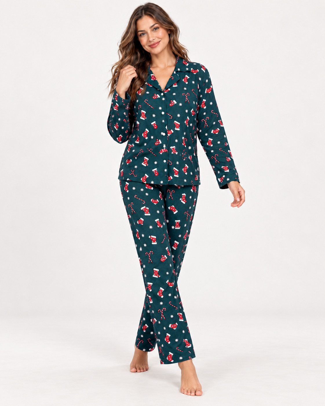 fashionshowcase Pyjama Damen 2-teilig mit Weihnachtsmotiven Langarm Schlafanzug Hausanzug festlicher Look für die Weihnachtszeit – Bild 4 von 5