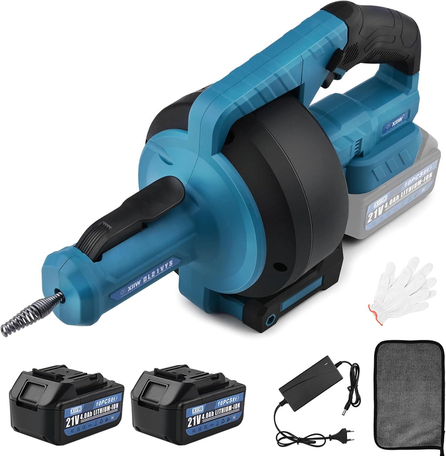 XERSEK Rohrreinigungsspirale Akku-Rohrreiniger Rohrreinigungsmaschine geeignet für Makita 18V, ∅ 9 mm, 7.6m für 18-85mm mit 2X 21V 4,0A Akku, Elektrischer Abflussreiniger