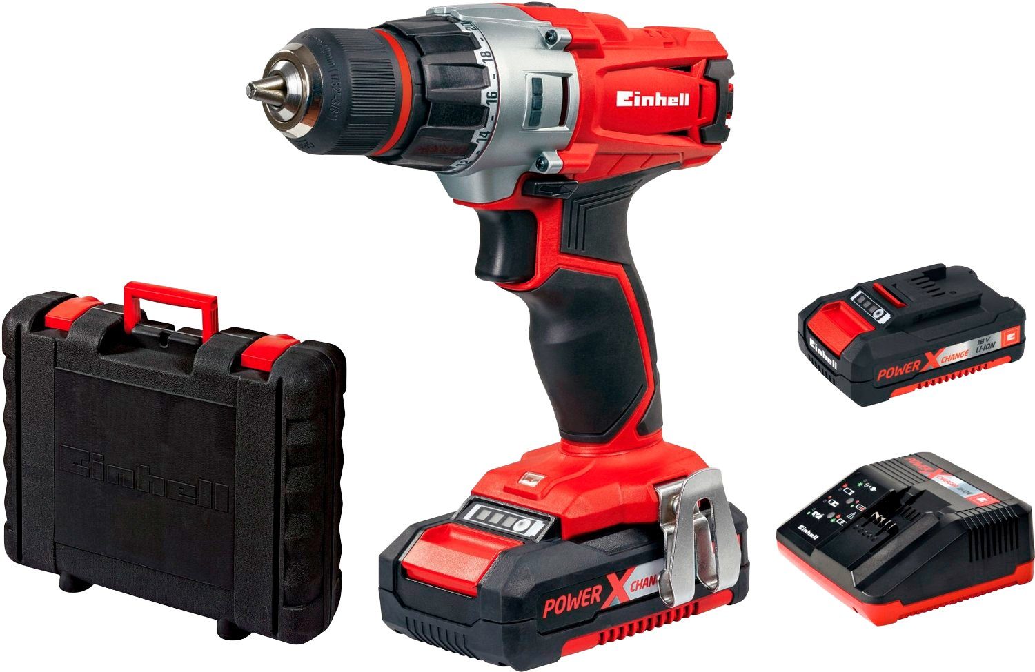 Einhell Akku-Bohrschrauber TE-CD 18/2 Li X-Change, und Ladegerät 2 1250 Power Koffer inkl. max. Akkus U/min, Kit, 18V/1,5Ah