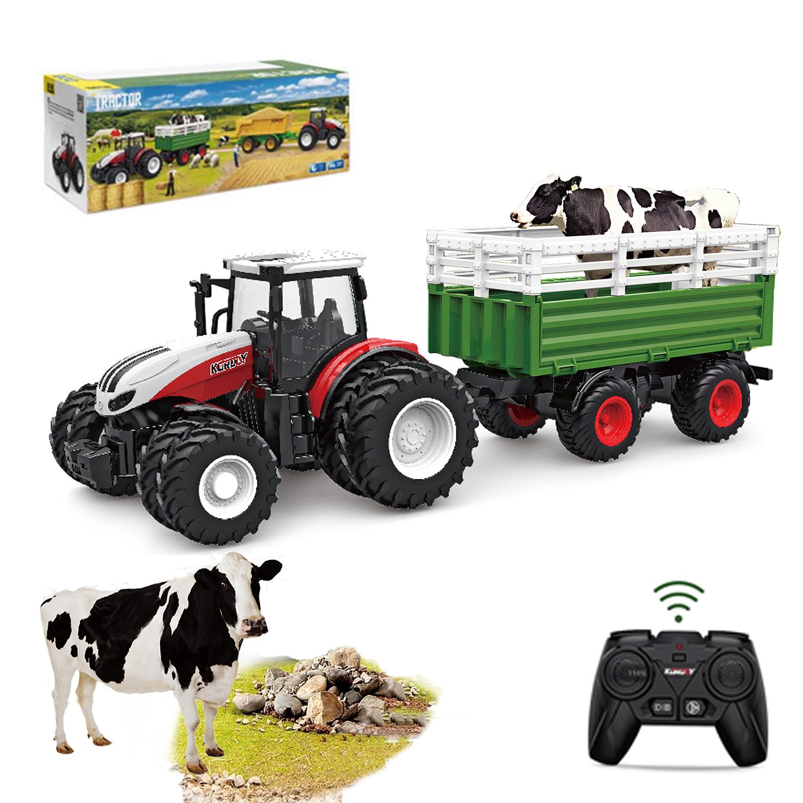 Esun RC-Traktor Ferngesteuerter Traktor mit Anhänger, Traktor Spielzeug ab 3 4 5 Jahre (Komplettset), Traktor Ferngesteuert Ackerschlepper mit Licht und Sound