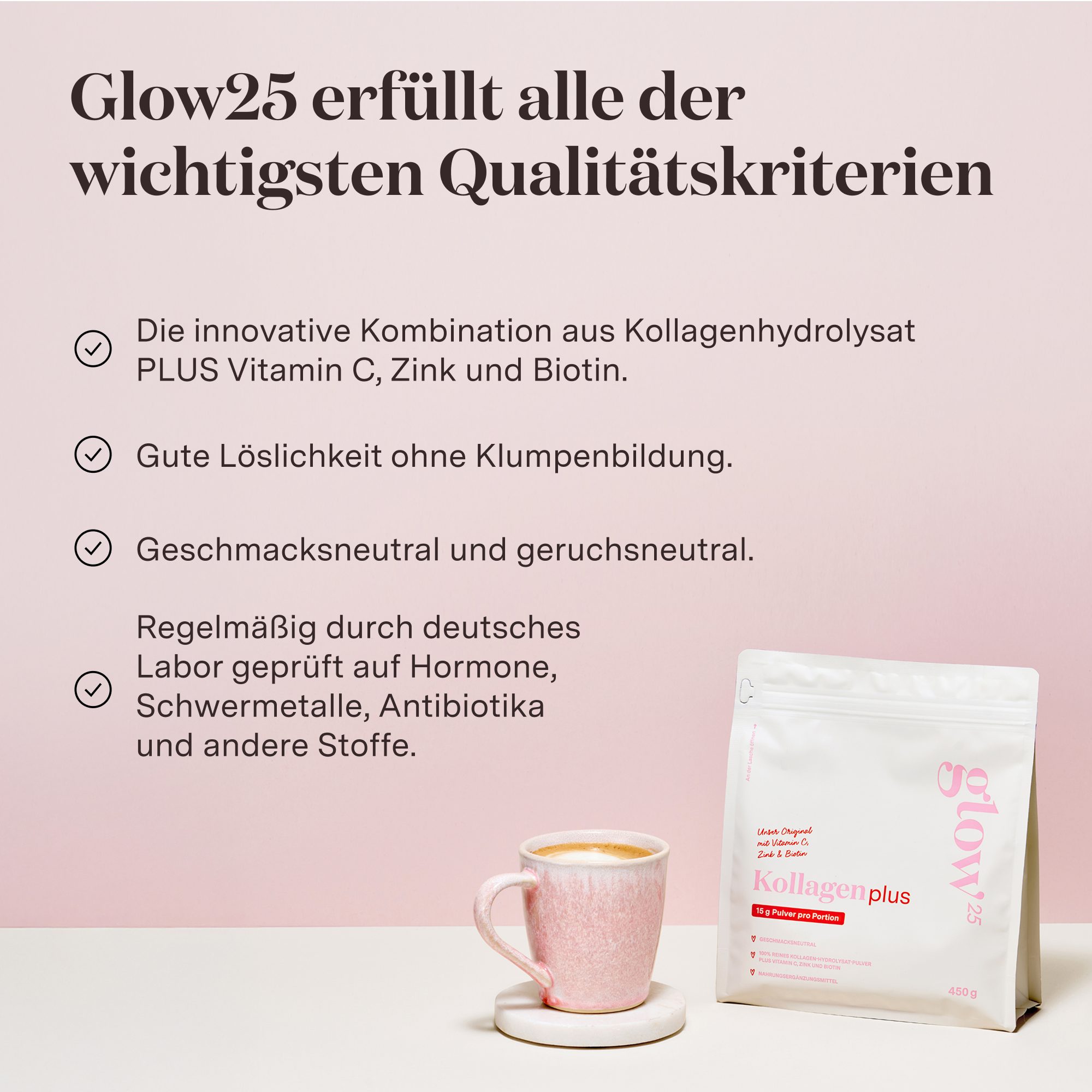 Glow25 Collagen Plus [450g] - mit Biotin, Zink und Vitamin C Pulver, 450 g