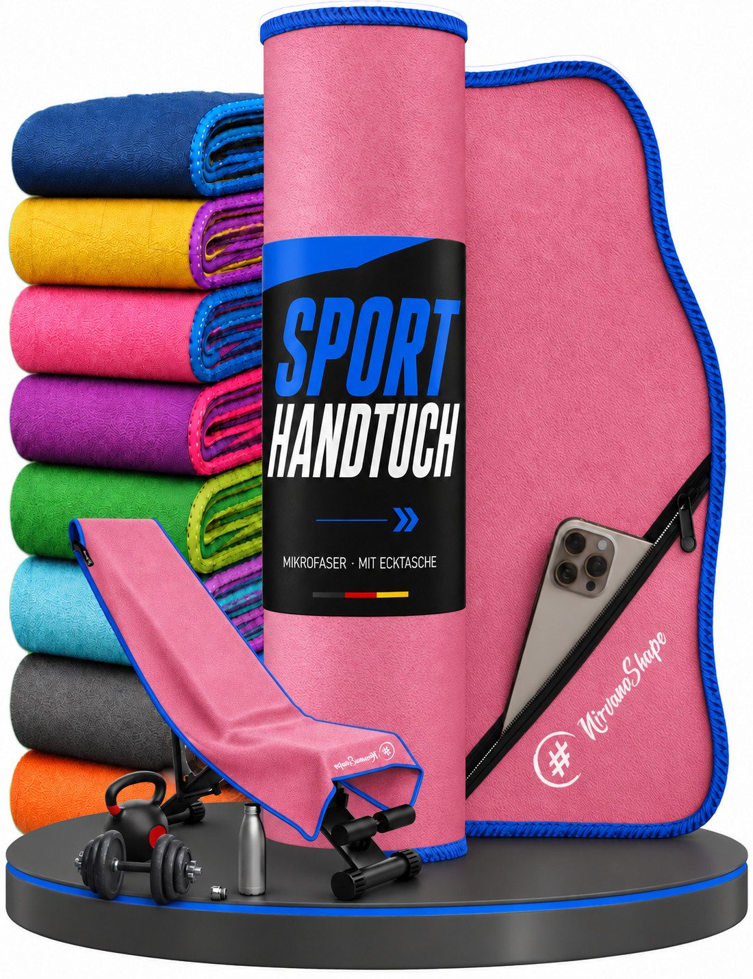 NirvanaShape Sporthandtuch NirvanaShape Mikrofaser Fitnesshandtuch mit Ecktasche und Knöpfen, saugfähig, leicht, schnelltrocknend, für Reisen, Fitness, Yoga, Sauna