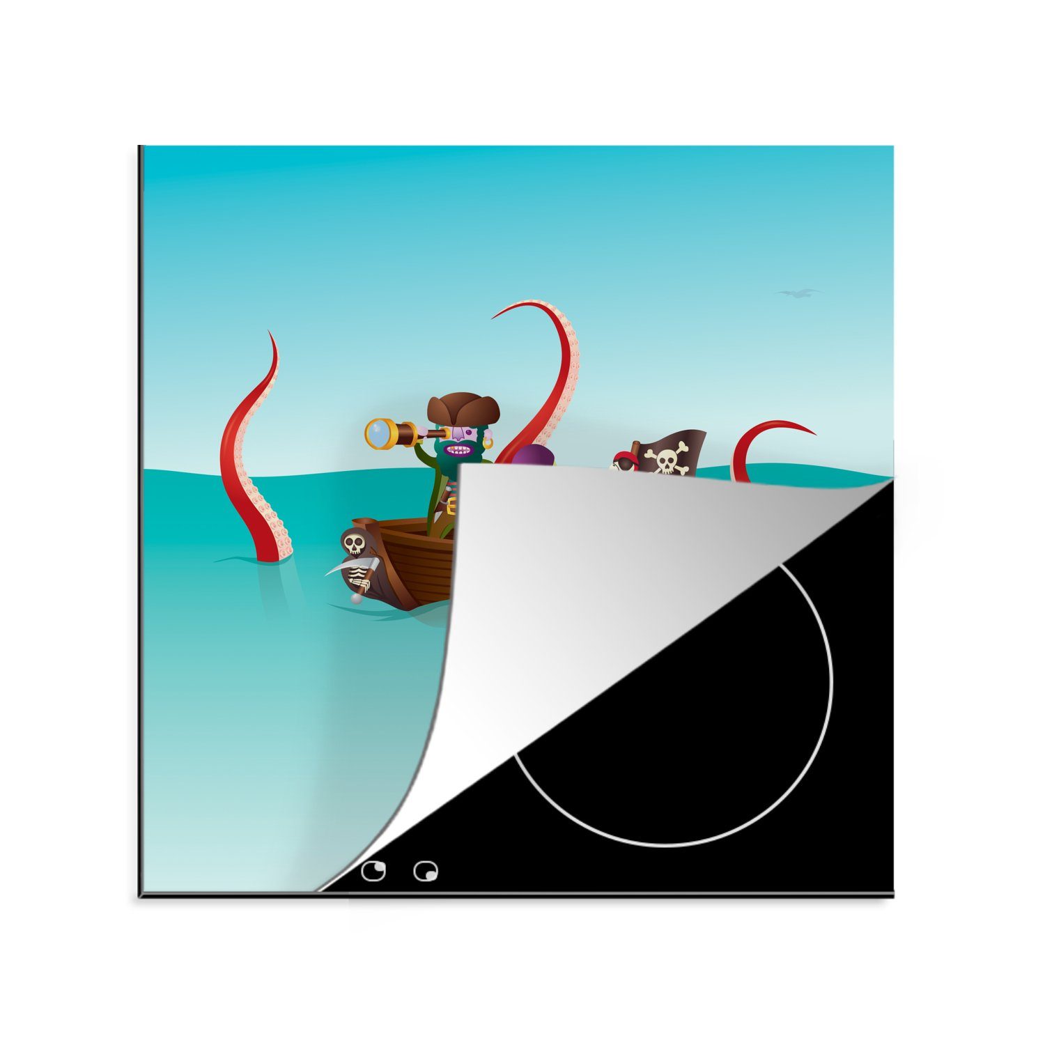 MuchoWow Herdblende-/Abdeckplatte Kinderillustration von zwei Piraten auf See, Vinyl, (1 tlg), 78x78 cm, Ceranfeldabdeckung, Arbeitsplatte für küche