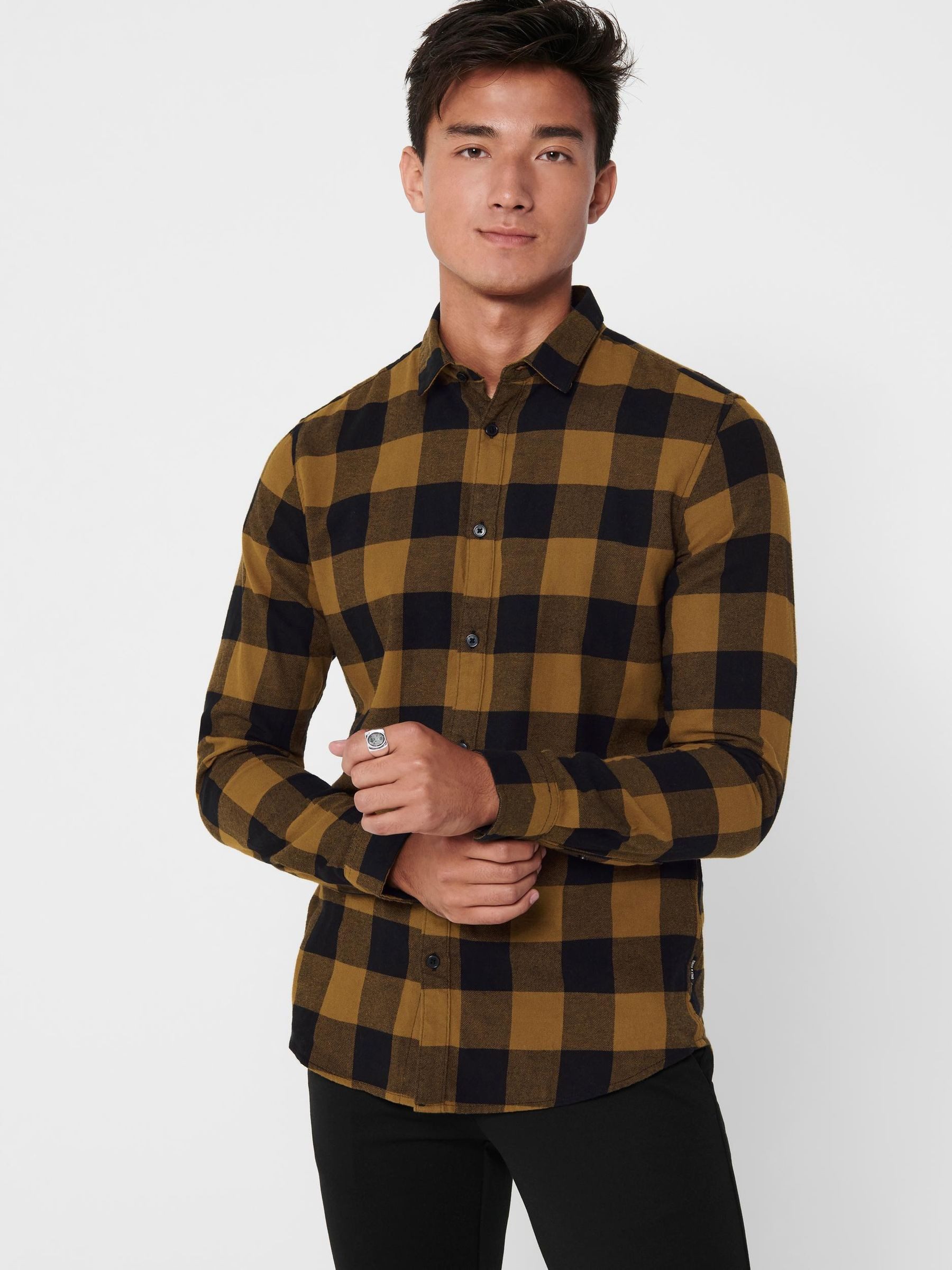 ONLY & SONS Langarmhemd fürFreizeit Karohemd Holzfäller Kariertes Flanellhemd (1-tlg) Baumwolle Slim Fit Kentkragen kariert wärmend Knöpfe