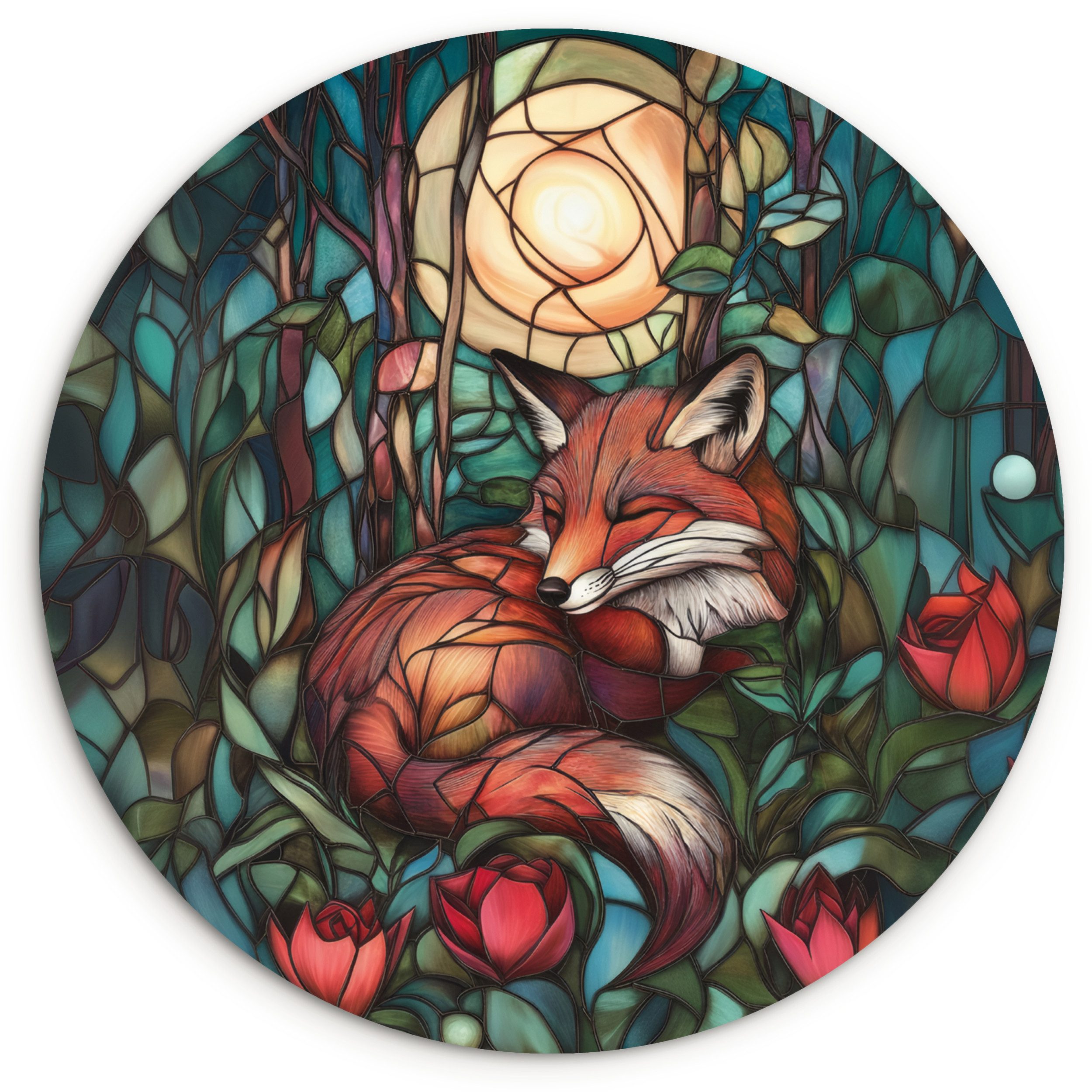 MuchoWow Gemälde Fuchs - Mosaik - Wald - Mond, Fotodruck (1 St), Kreis Wanddekoration, Rundes Wandbild, 30x30 cm