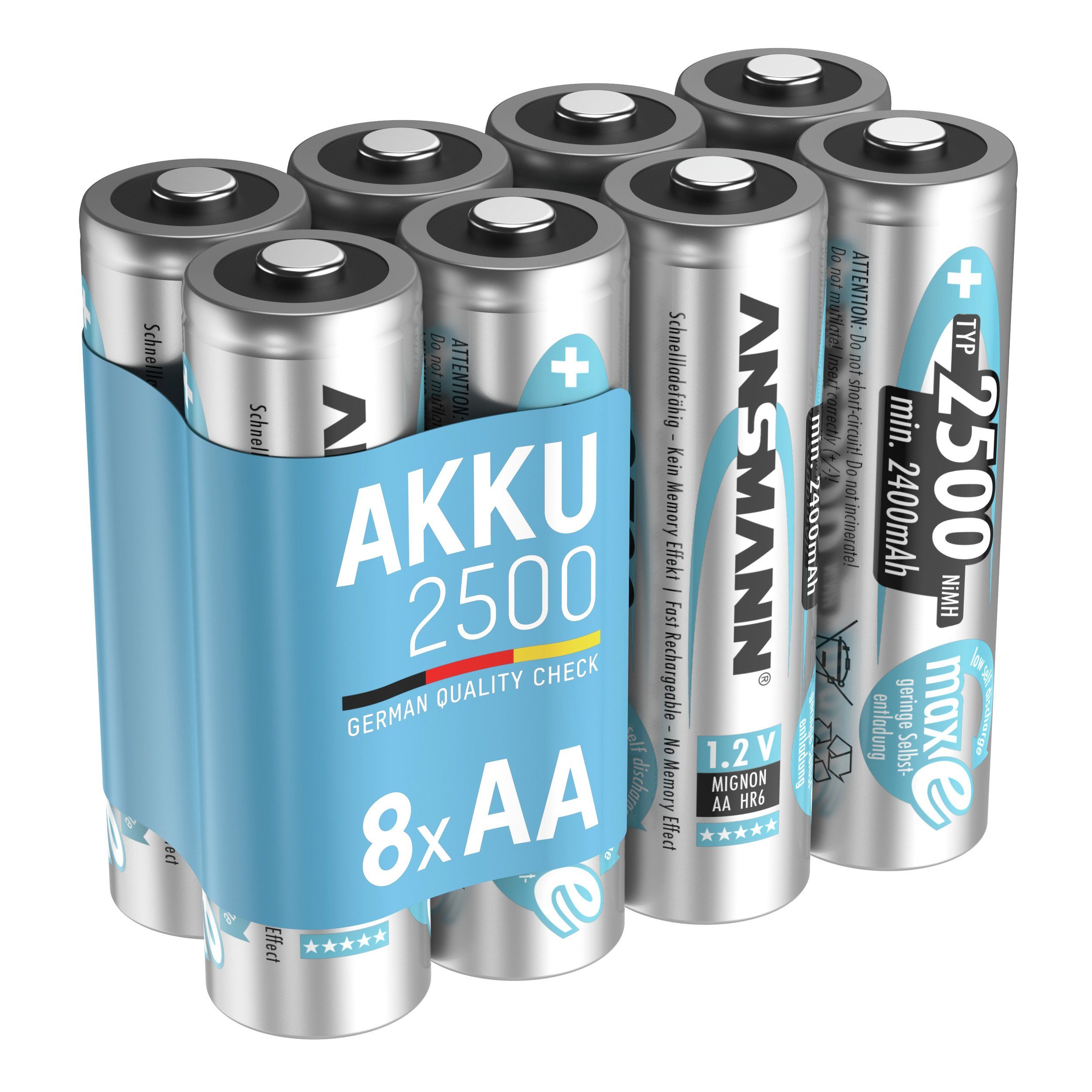 ANSMANN AG Akku AA 2500mAh Mignon NiMH 1,2V - 1000x wiederaufladbar (8 Stück) Akku 2500 mAh (1.2 V)