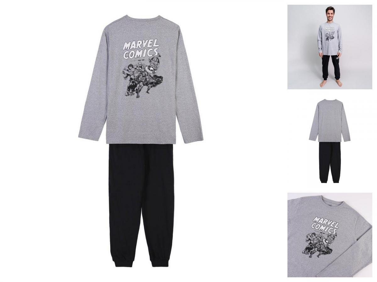 MARVEL Pyjama S Herren Langarm Pyjama 2 Teiler Schlafanzug Nachtwäsche Marvel Grau