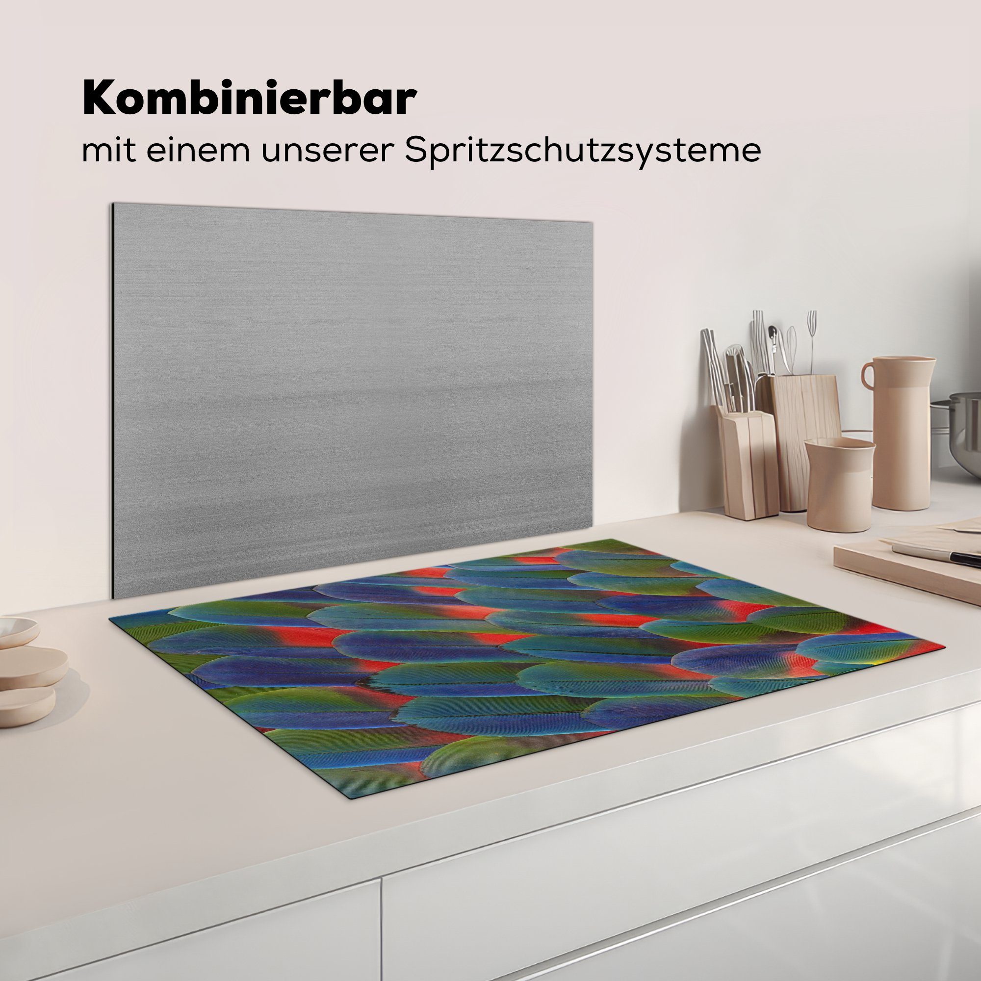 Induktionskochfeld Papagei, 81x52 die (1 Schutz von Detail Herdblende-/Abdeckplatte tlg), für MuchoWow Federn Vinyl, Ceranfeldabdeckung cm, küche,