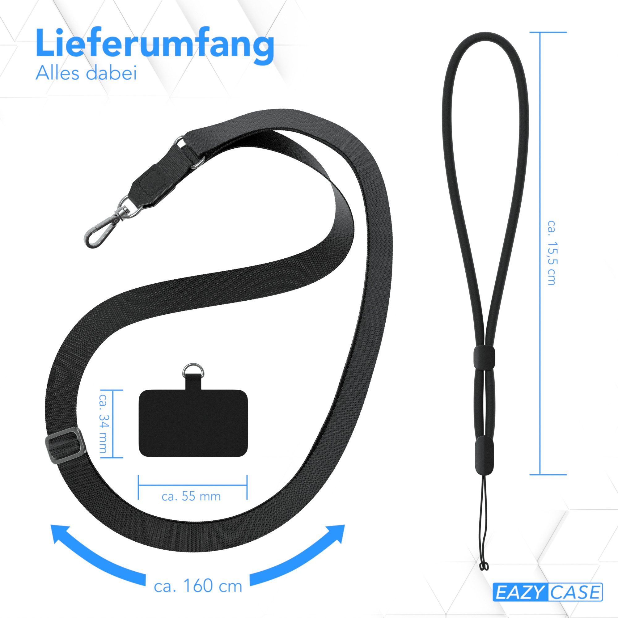 EAZY CASE Handykette Universal Handykette mit Breitband, Kette zum Umhängen Pad mit Kordel Uni Smartphonekette Breit Schwarz