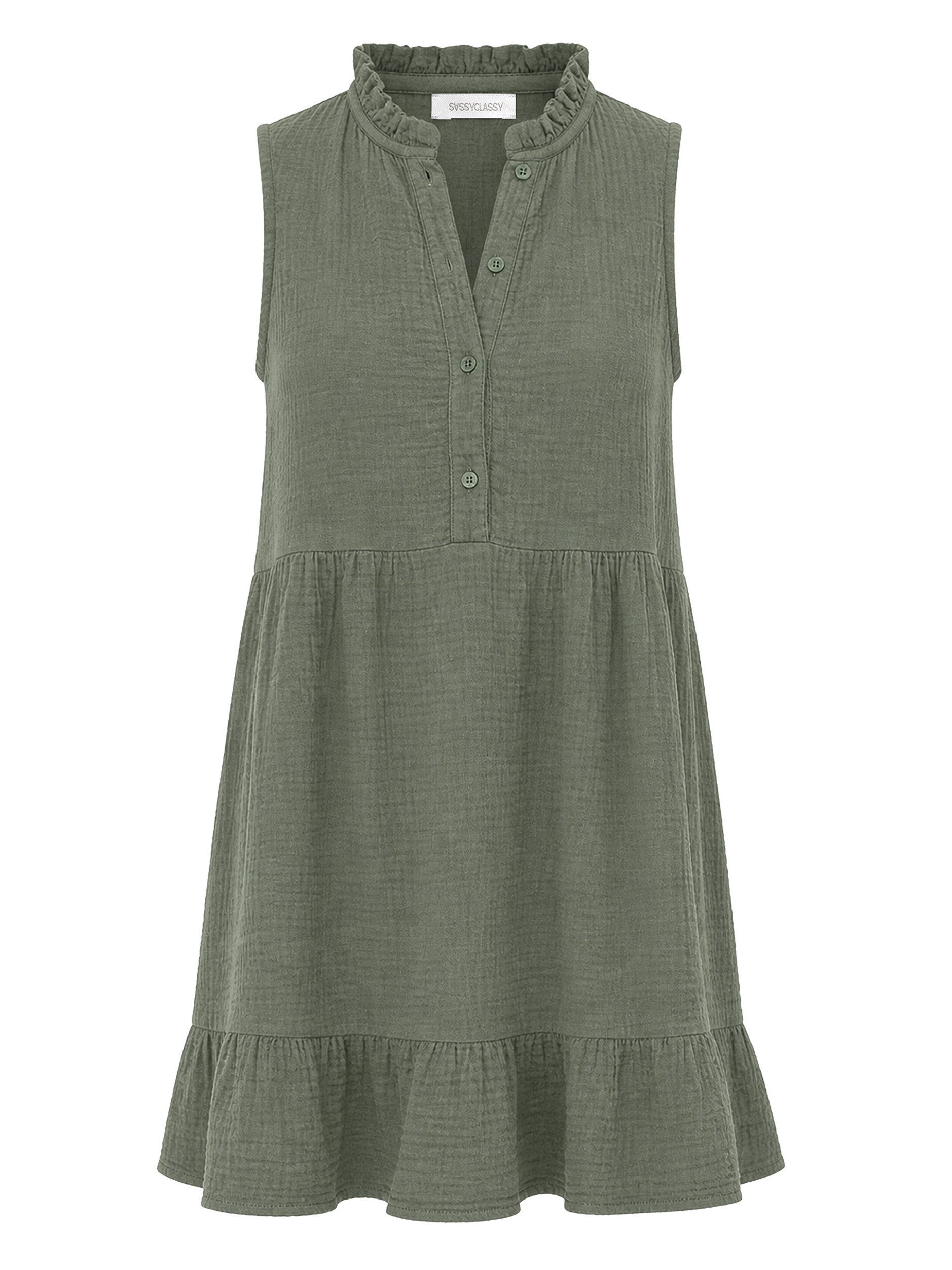 SASSYCLASSY Minikleid Ärmelloses Musselinkleid mit Volants für Damen Luftiges Sommerkleid aus Musselin Baumwolle mit Stehkragen