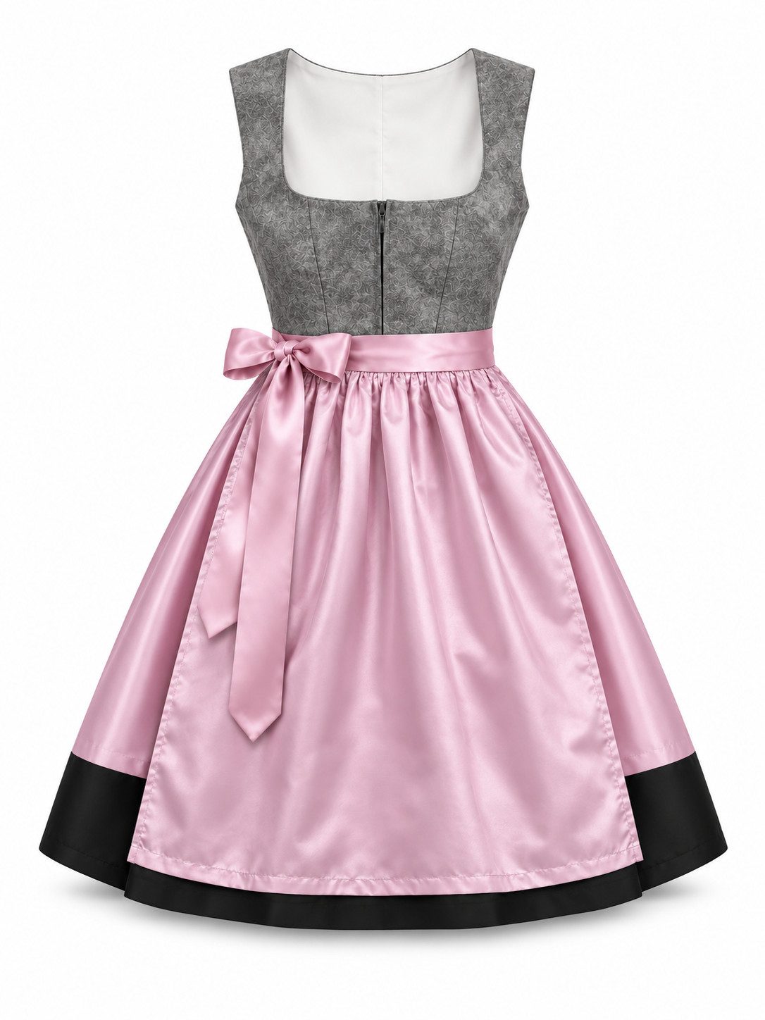CMRBALL Dirndl Damen Dirndl in Grau mit rosa Satinschürze und Schleife (Set, Dirndlkleid mit Schürze) Spitzenschürze, Satinschleife und Frontreißverschluss