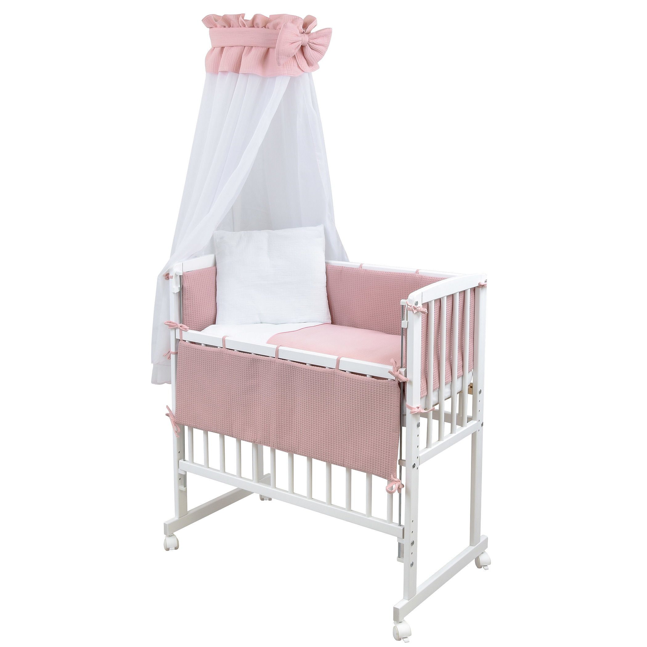 Baby-Delux Stubenbett Beistellbett Komplettset Waffelpique Musselin, Stillbett 90x40 weiß höhenverstellbar, Matratze inkl. komplett Set