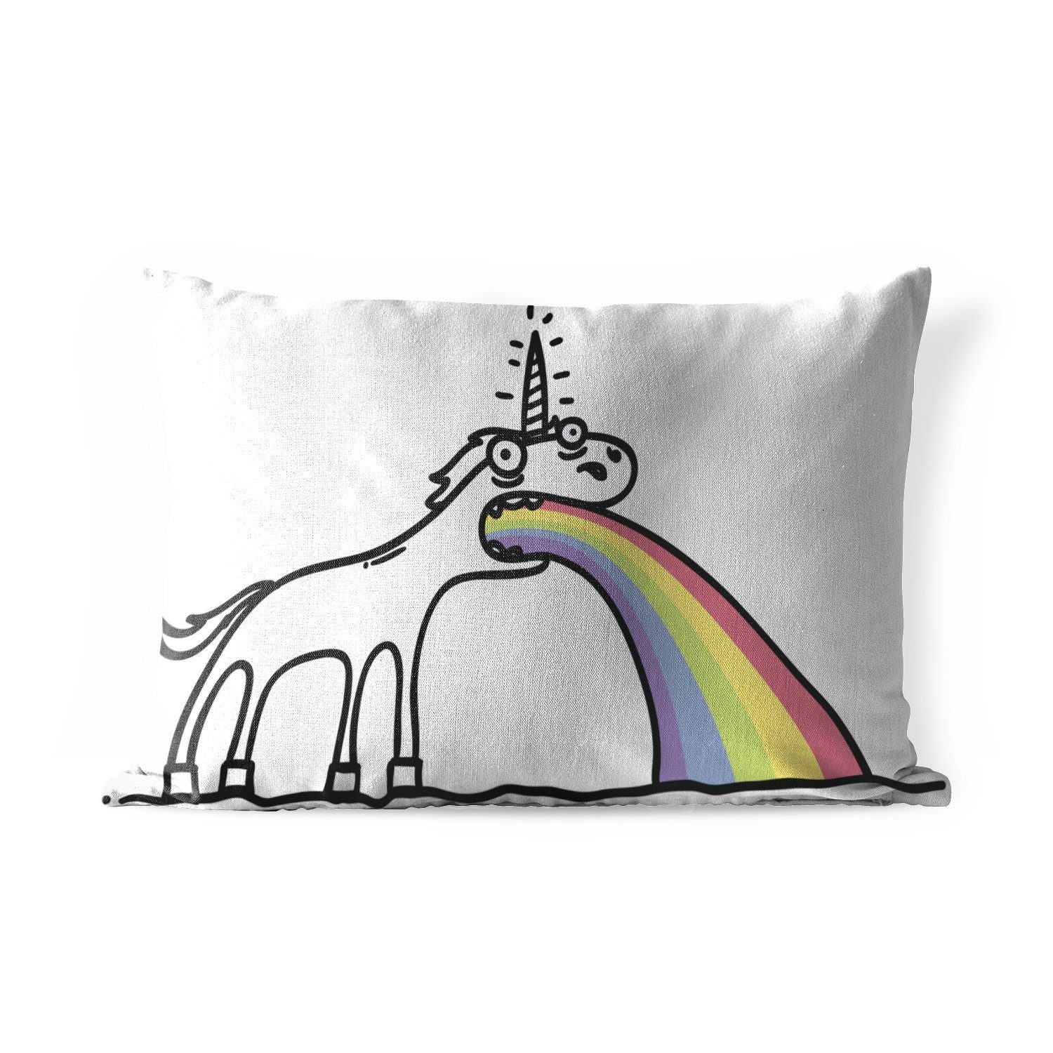 MuchoWow Dekokissen Eine Illustration eines Einhorns, das einen Regenbogen ausspuckt -, Outdoor-Dekorationskissen, Polyester, Dekokissenbezug, Kissenhülle