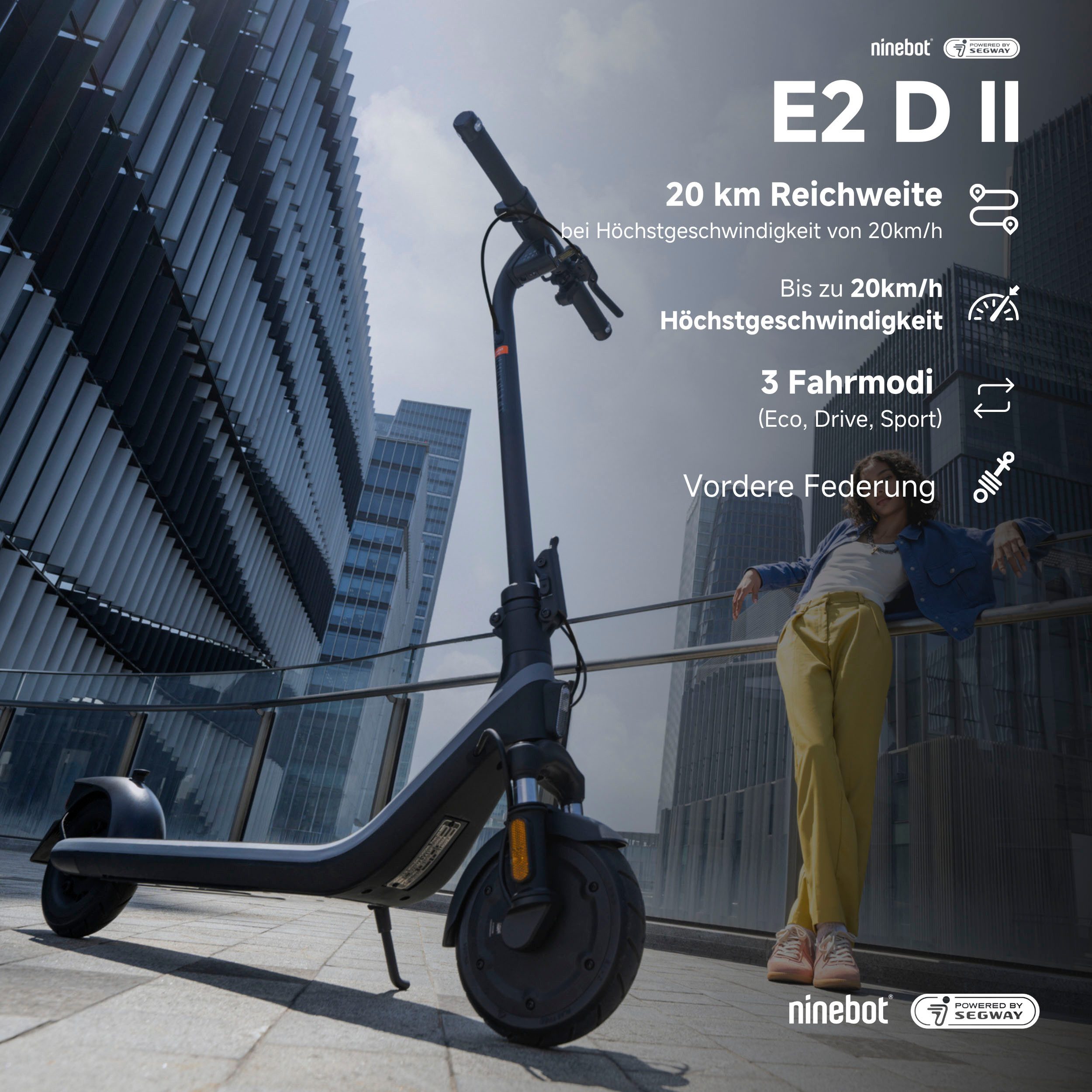 Segway E-Scooter KickScooter E2 D II, 20 km/h, Ninebot E-Scooter, mit Straßenzulassung, bis zu 25 km Reichweite