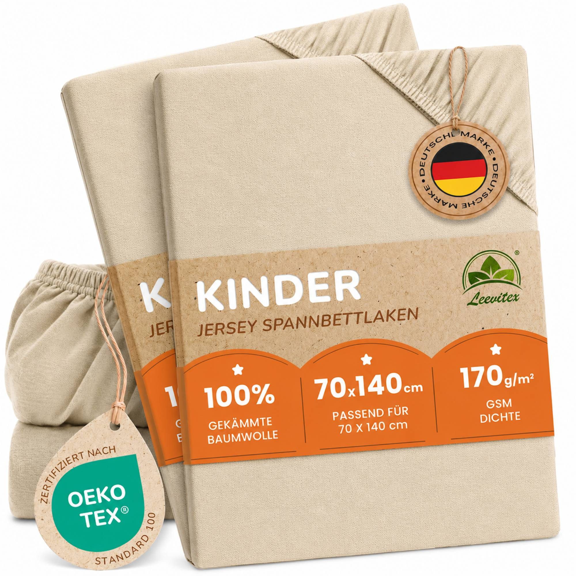 leevitex® Spannbettlaken für Kinderbetten, 2er-Set, 70 x 140 cm, Steghöhe 15 cm, Jersey, Gummizug: rundum, (2 Stück), verschiedene Farben, OEKO-TEX® STANDARD 100 zertifiziert
