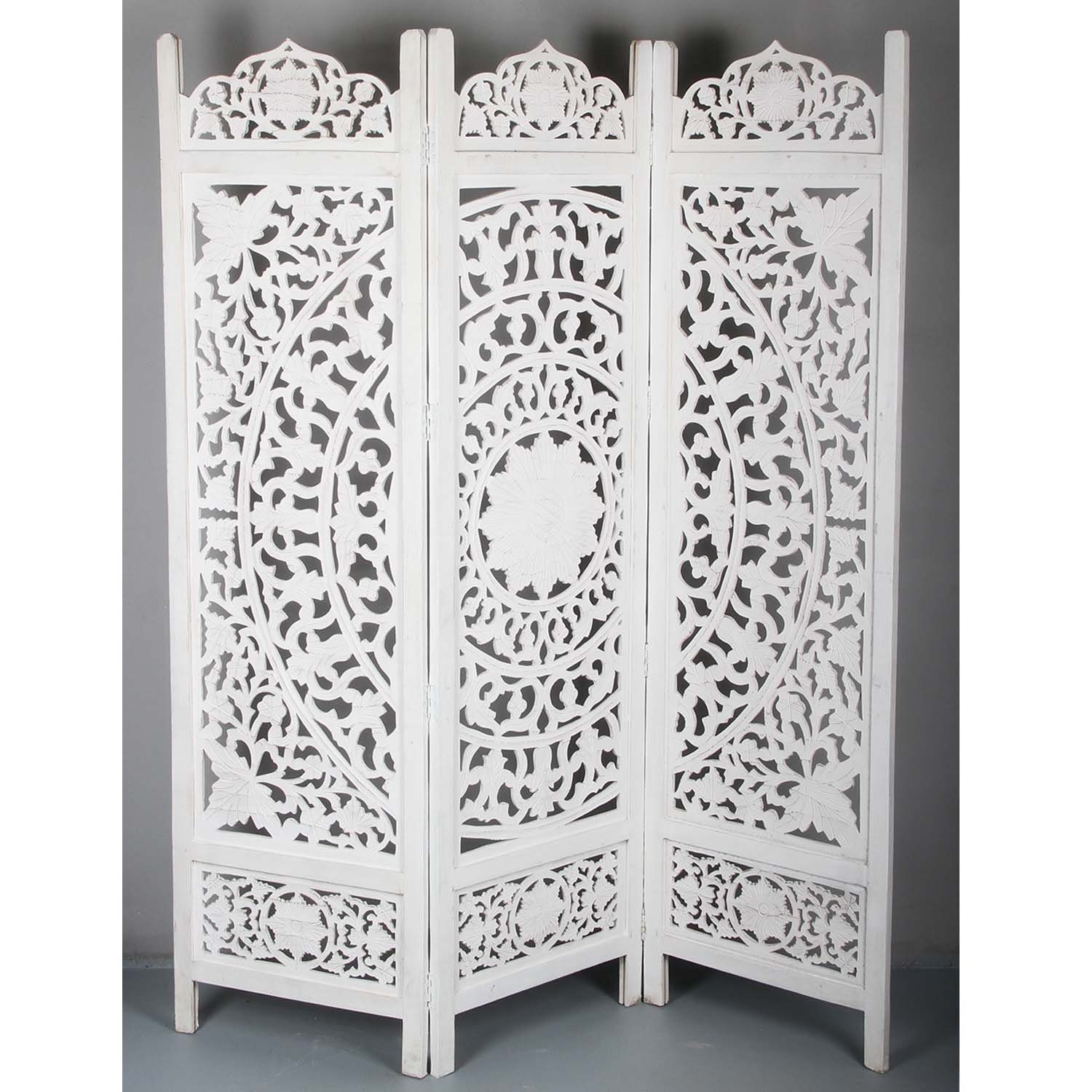 Casa Moro Paravent Orientalischer Holz-Paravent Raumteiler Faysal 152x182 cm Weiss (Kunsthandwerk Pur, 3 teilig aus Echtholz & MDF handgeschnitzt), Trennwand als Raumteiler & schöne Dekoration PV5540