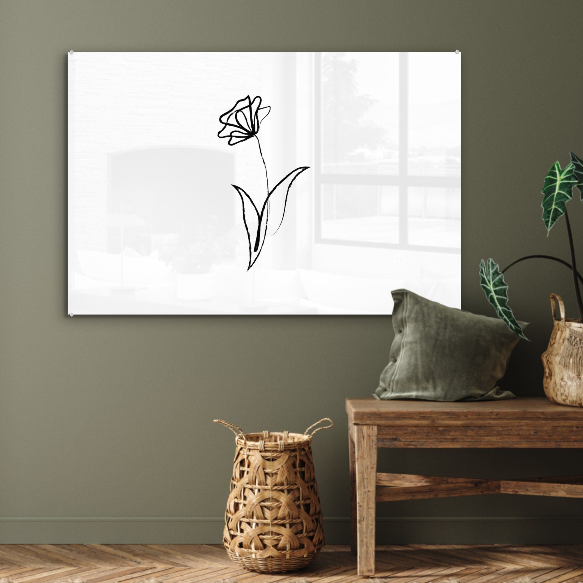 (1 Wohnzimmer - Acrylglasbilder Linienkunst MuchoWow & - St), Acrylglasbild Schlafzimmer Minimalismus, Tulpen