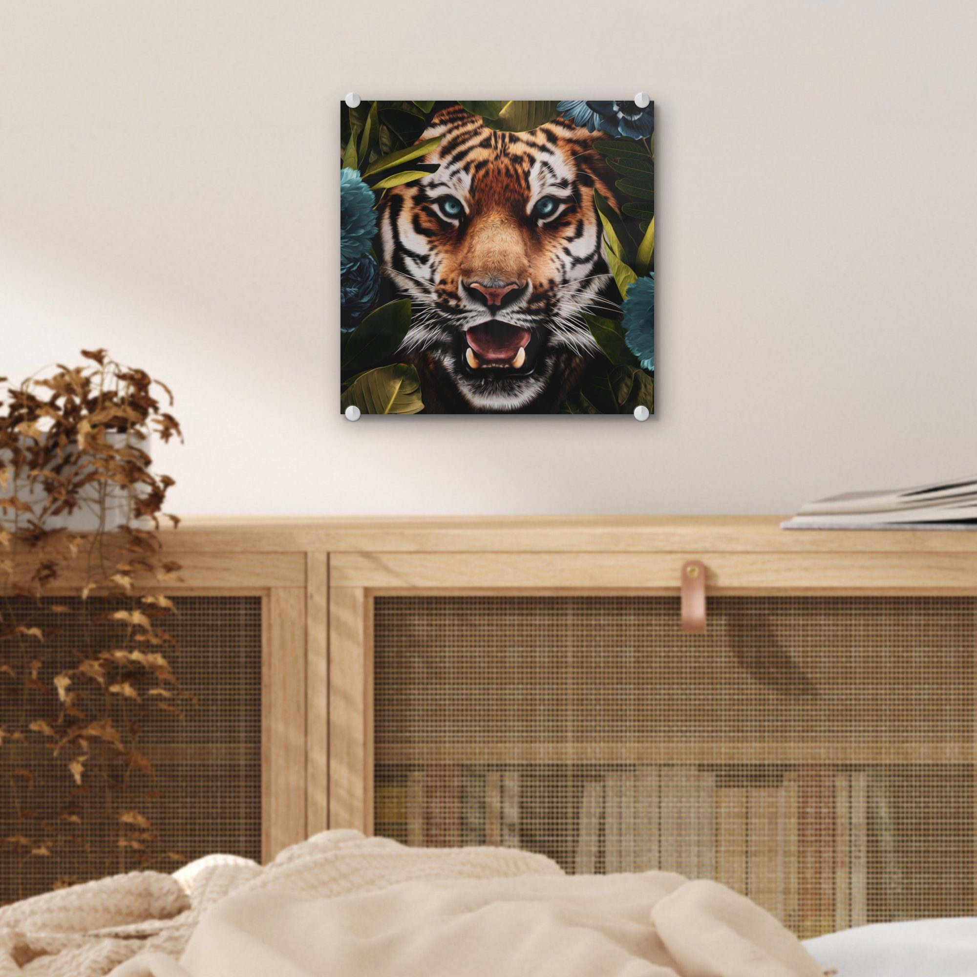 auf Wandbild St), Wanddekoration Dschungel Blumen, Acrylglasbild - Glas Foto Bilder Tiger - - MuchoWow auf - Glasbilder (1 Glas -