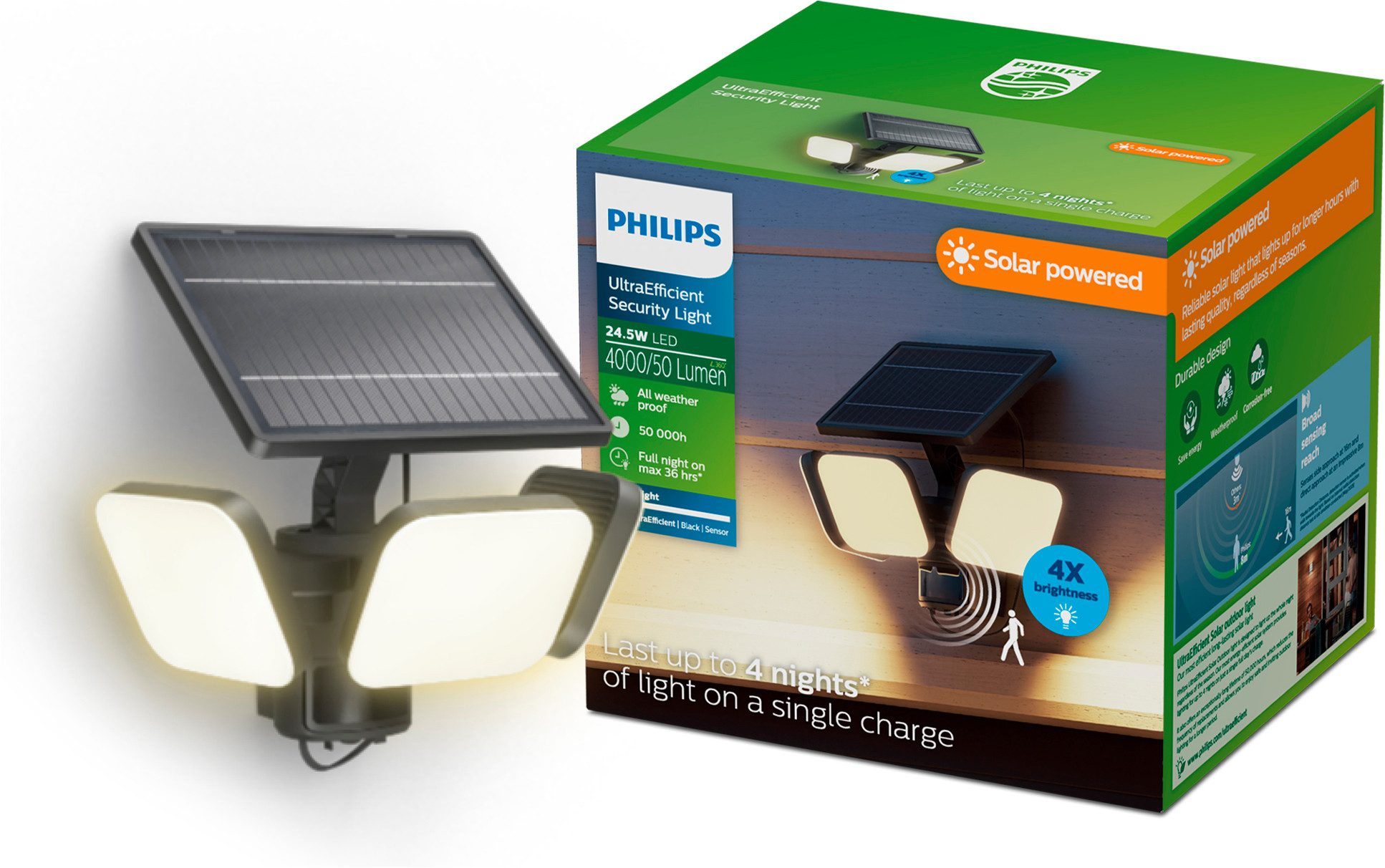 Philips LED Flutlichtstrahler Outdoor Ultra-Efficient Solar Zyren Sicherheitslicht, Abschaltautomatik, Bewegungsmelder, Tageslichtsensor, LED fest integriert, Kaltweiß, Tageslicht- und Bewegungssensor, 4000 Lumen