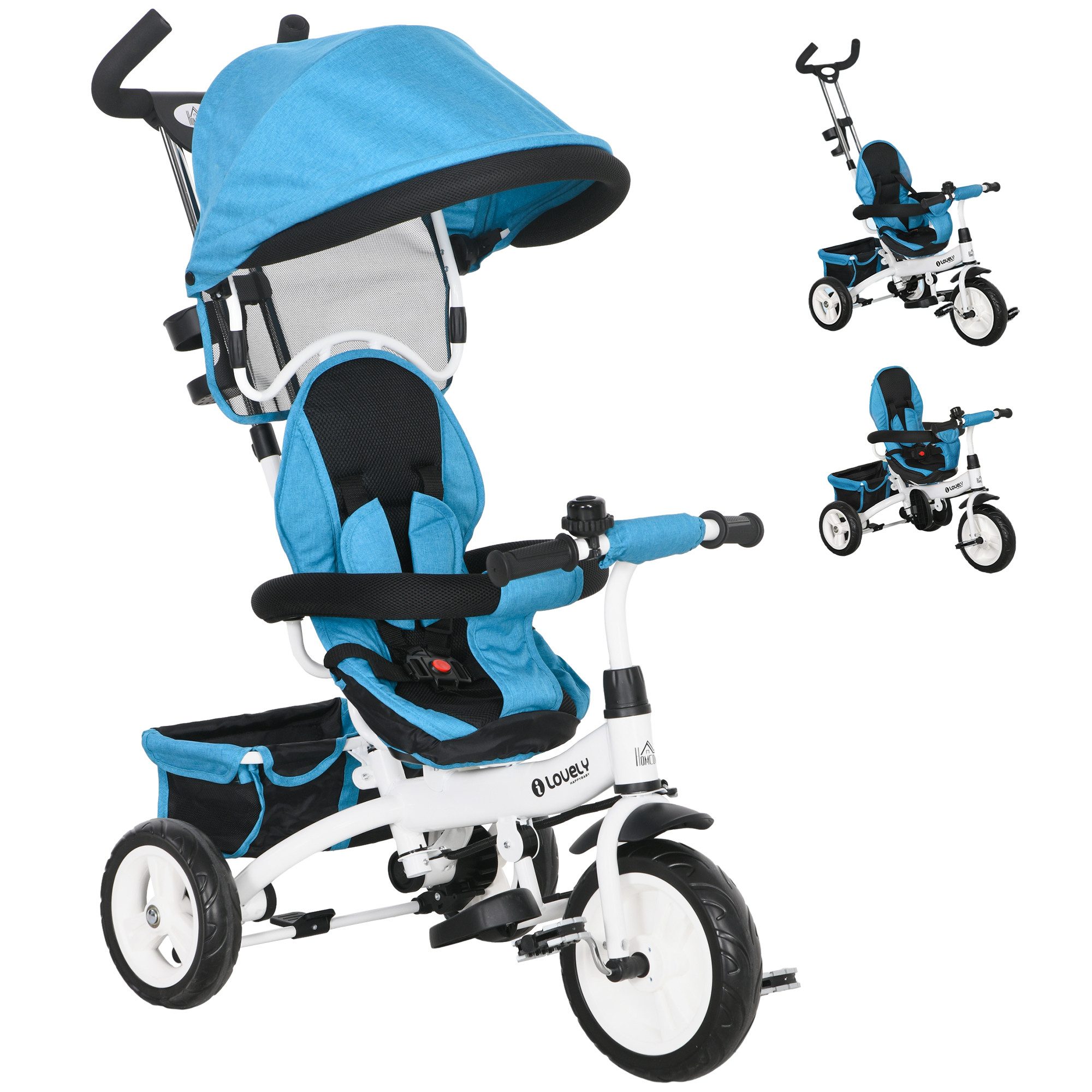 HOMCOM Dreirad 6-in-1 Schubstange, Kinder bis 25kg, Vorwärts und Rückwärtsfahrt, für 12-60 Monate, Blau