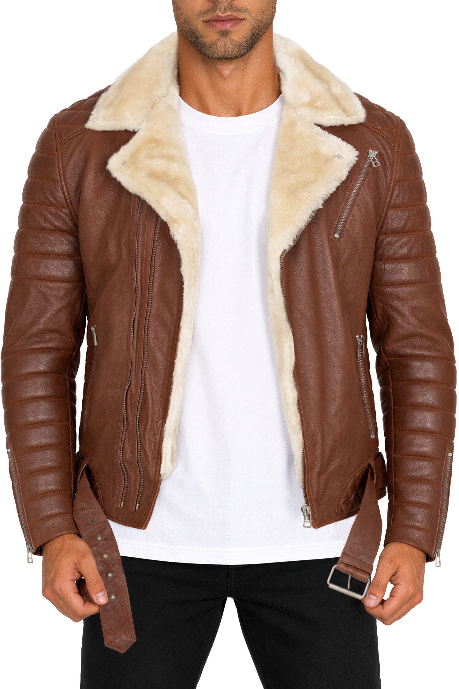 Reichstadt Lederjacke Herren Slim Fit Bikerjacke Black Zipper RS008LUX gefüttert mit Steppmustern