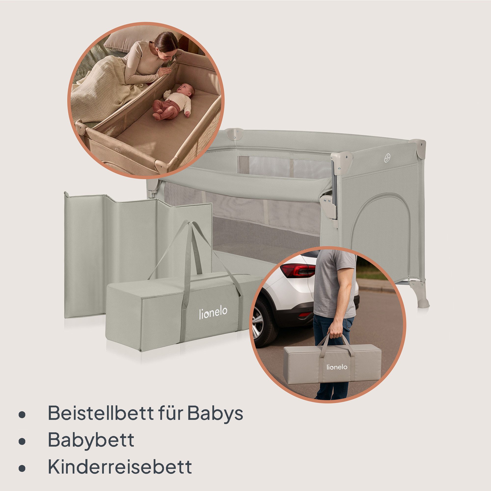 lionelo Reisebett ELLEN (Set, Set mit Matratze, Organizer und Transporttasche) 0-36 Monaten/Zusatzbett-Funktion/Seitlicher Eingang/Matratze