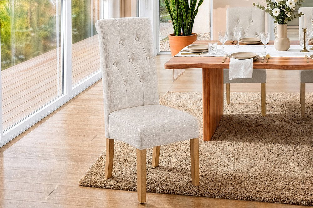 riess-ambiente Esszimmerstuhl CASA vintage beige/natur - Strukturstoff, Gummibaum, Massivholz, bequeme Polsterung & Knopfheftung - ideal für Deinen Chesterfield-Look