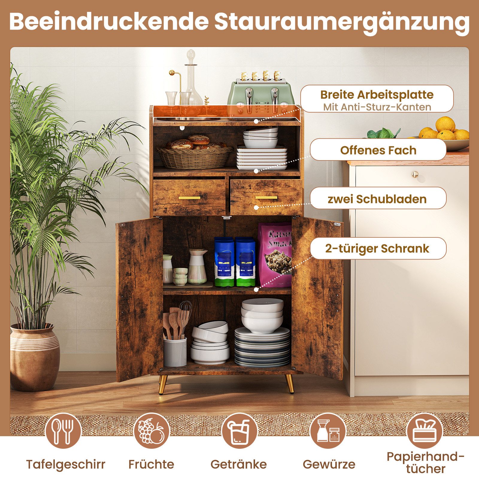 COSTWAY Vorratsschrank Küchenschrank mit Schubladen & verstellbarem Regal Holz