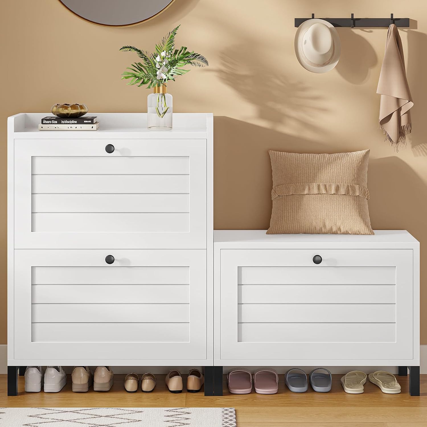 MSMASK Schuhschrank mit Sitzbank, 3 Klappen und Verstellbare Böden für Flur, Weiß (1-St) 121x30x90cm, Weiß, Verstellbare Trennwände