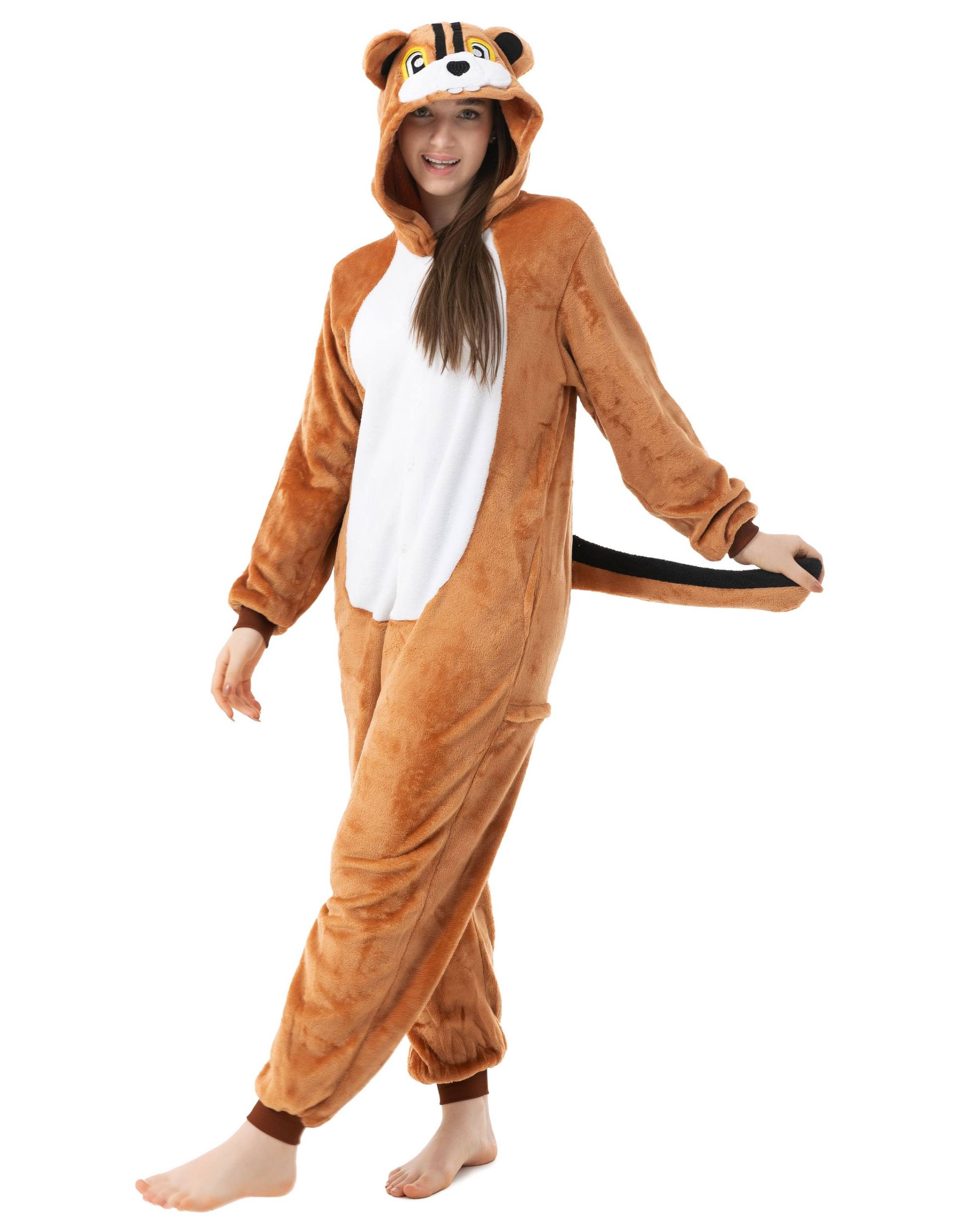 Katara Partyanzug Waldtiere Jumpsuit Kostüm Overall Erwachsene S-XL, Karneval - Kostüm, Kigurumi - Streifenhörnchen Braun S (145-155cm)