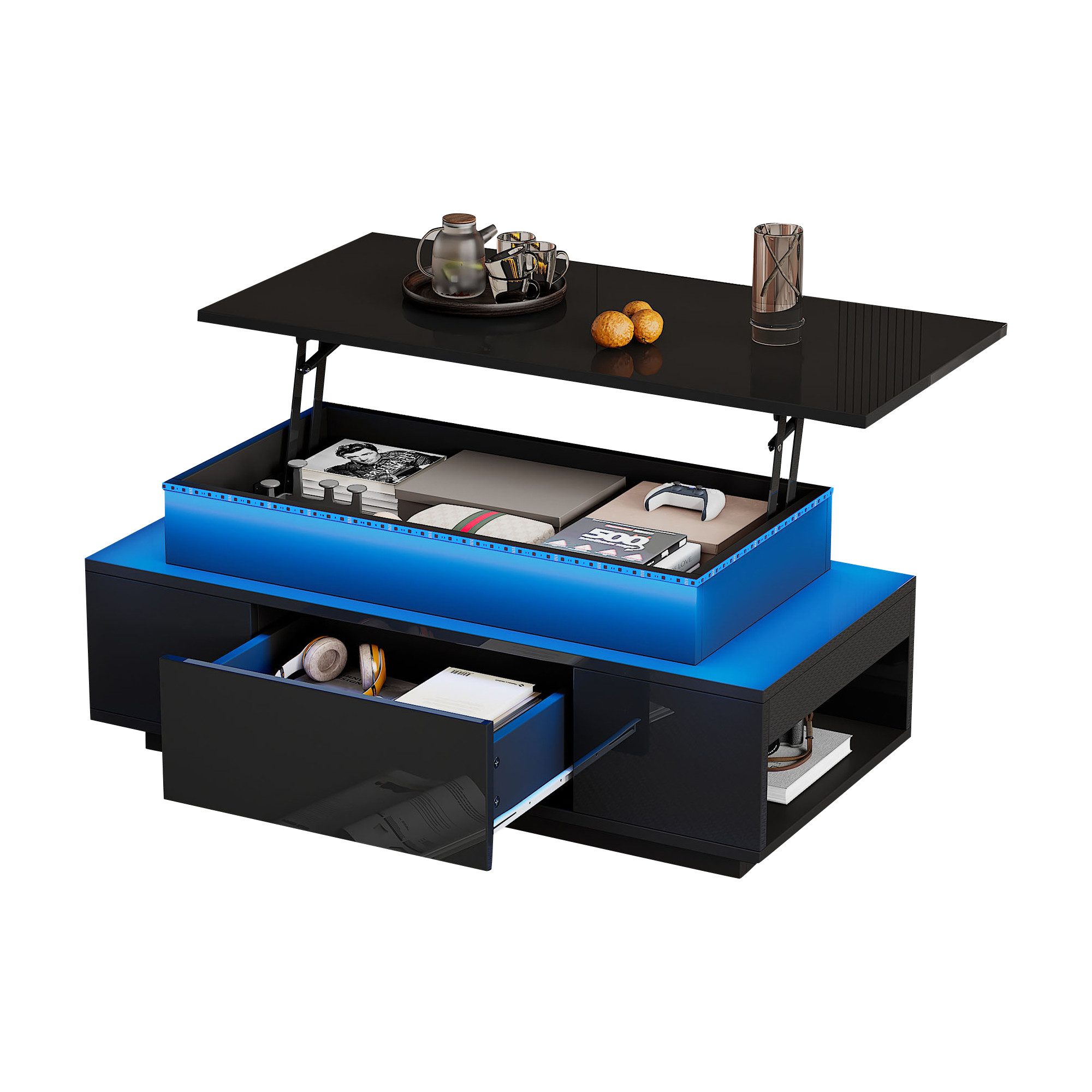 KLAM HOME Couchtisch Höhenverstellbarer Couchtisch Mit LED Beleuchtung Und Schublade (Multifunktionaler Kaffeetisch Mit Hydraulik Hub Und Stauraum), Modernes Wohnzimmer Beistelltisch Schwarz Hochglanz Für Büro Und Party