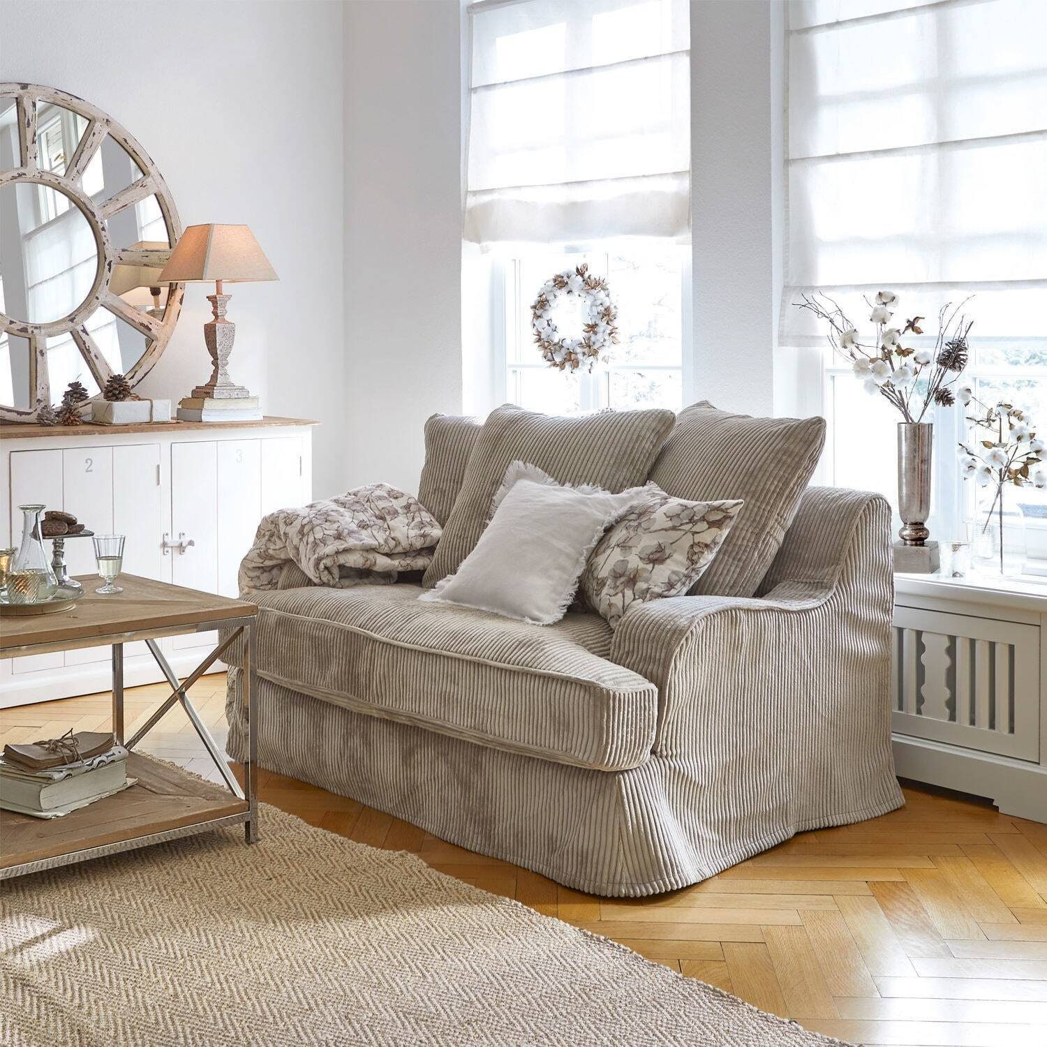 Mirabeau Sofa raffiniertes Sofa Monaco mit Kordstruktur und Zierkissen grau, kompakt & bequem, inkl. 3 Zierkissen, abnehmbare Bezüge, Sofa, Couch, Kordsofa, Kedernaht, B 130cm, H 80cm, T 95cm