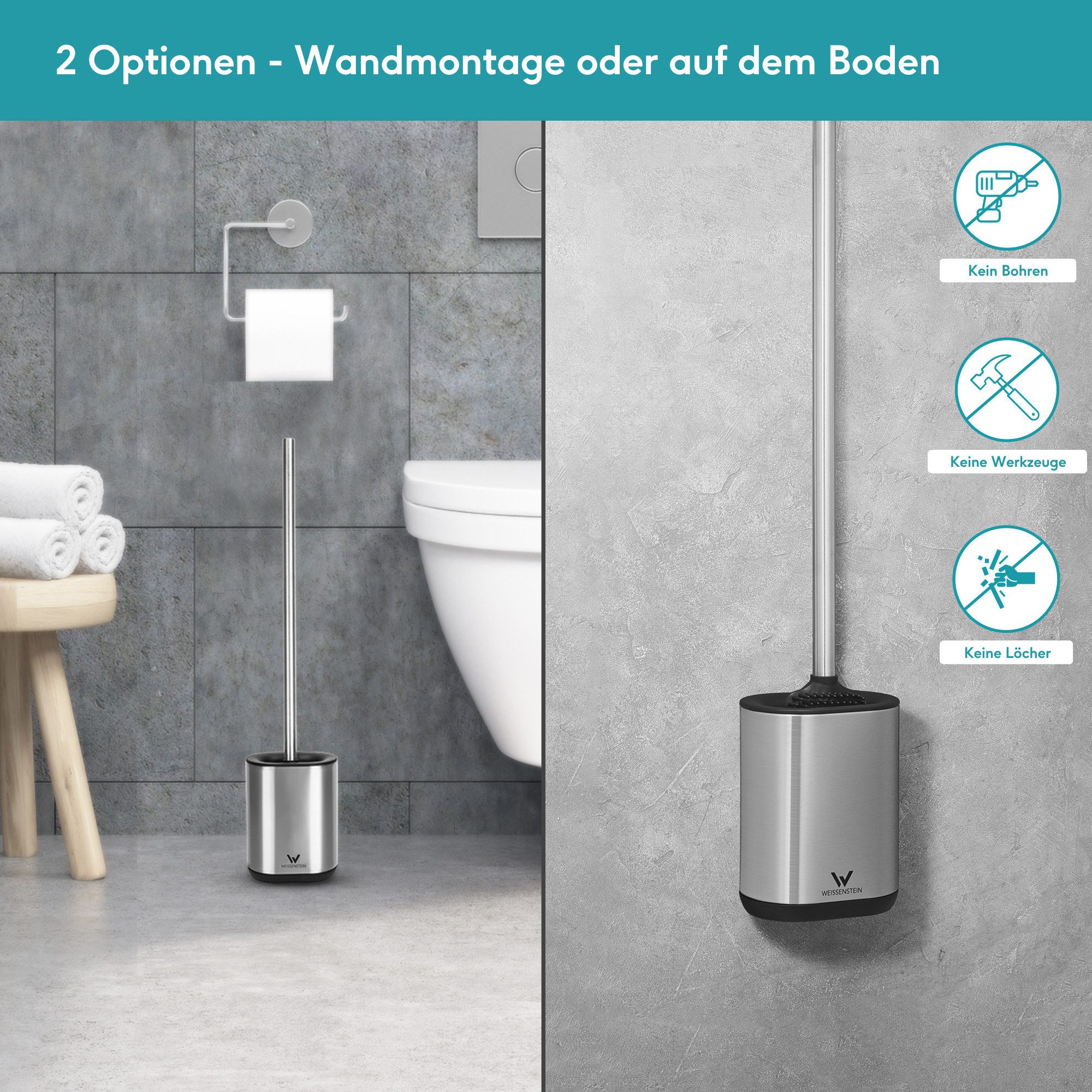 WEISSENSTEIN WC-Reinigungsbürste Klobürste Wandhalterung mit Behälter ohne Bohren