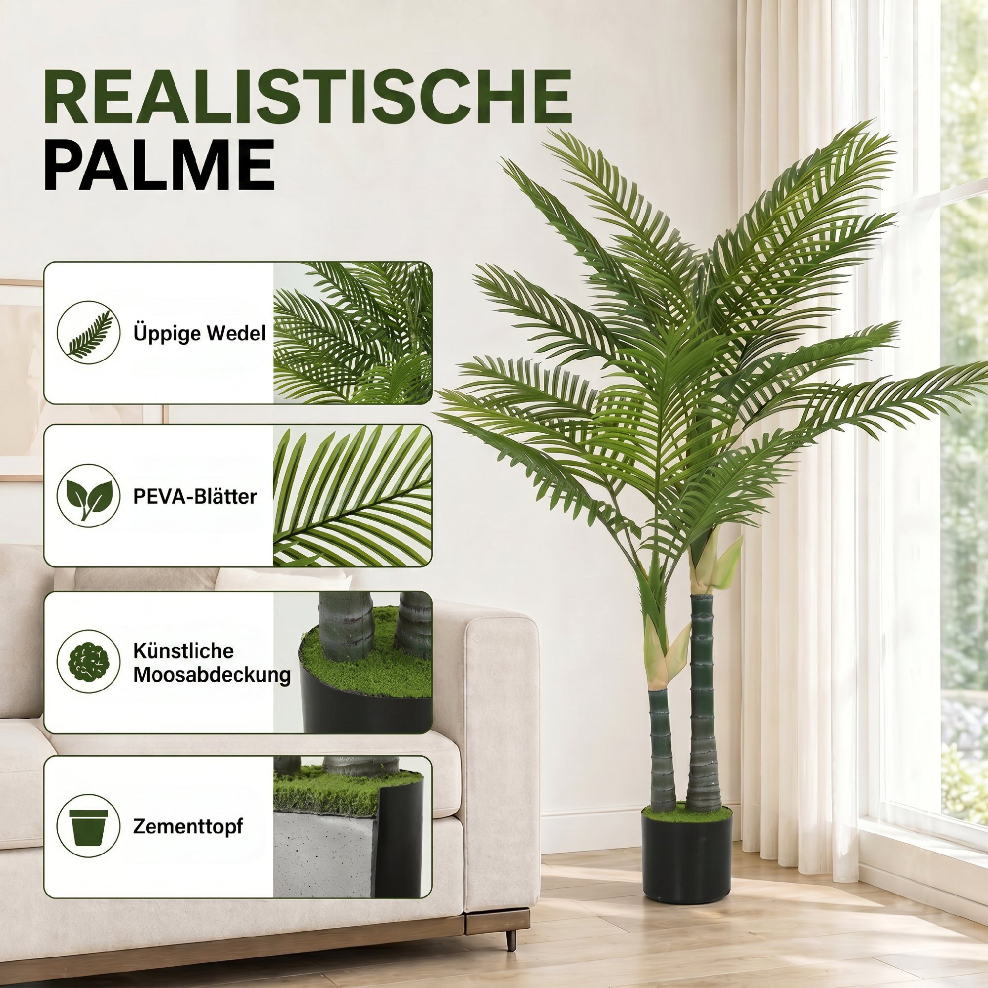 Kunstpflanze Künstliche Kunstpalme mit 16 Palmenwedel Groß im Topf Palme, HOMCOM, Höhe 150 cm, für Wohnzimmer Büro Balkon Dekoration Schlafzimmer – Bild 4 von 5