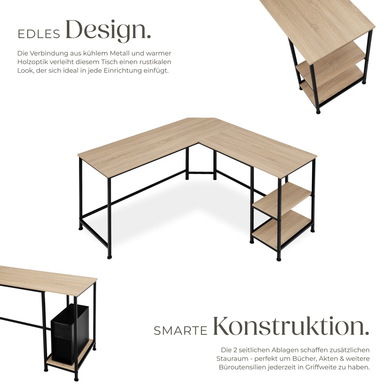 tectake Schreibtisch Computertisch Hamilton 138x138x75,5cm (1-St., 1 tlg), Platzsparender Eckschreibtisch im luftig-leichten Industrie-Design