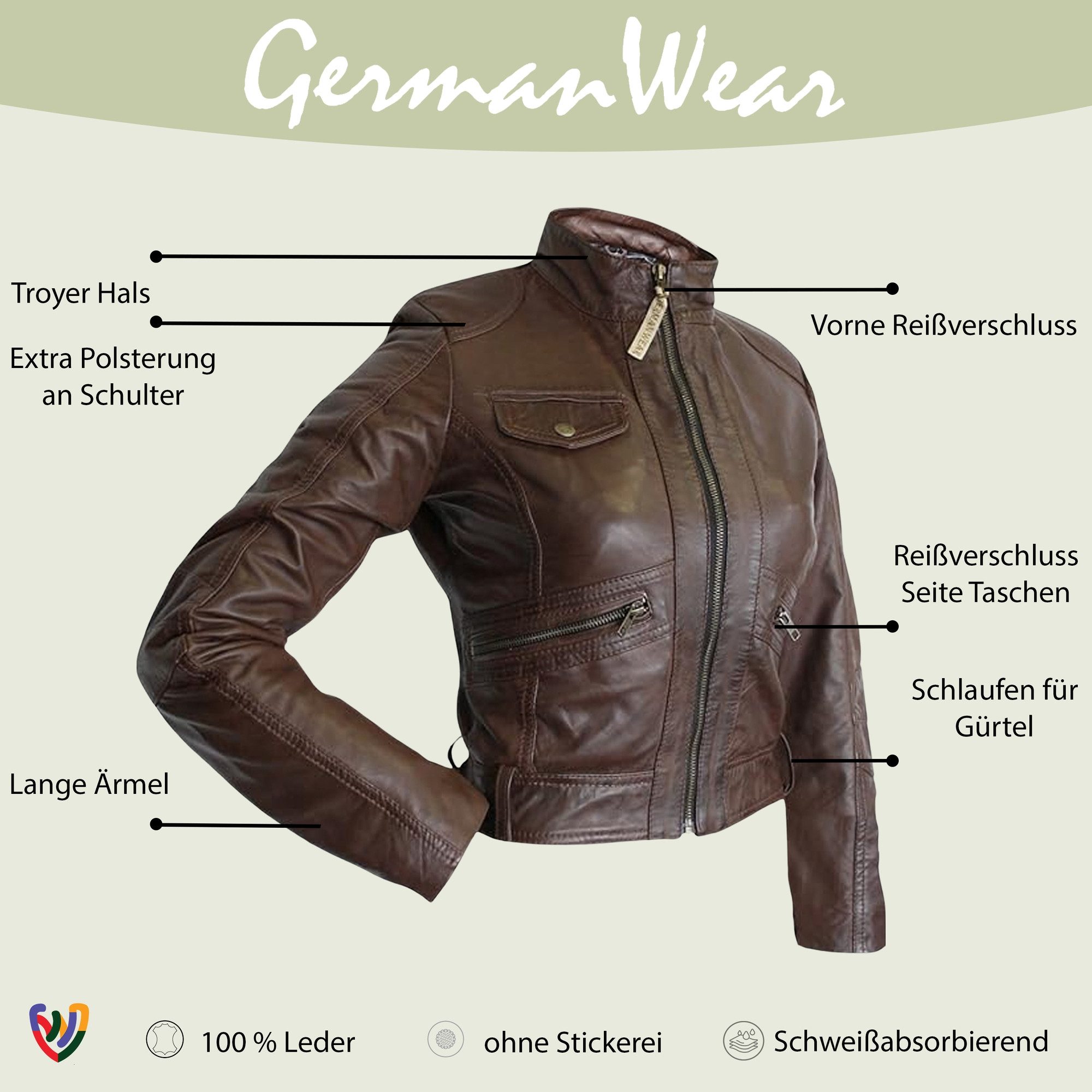 German Wear Lederjacke Trend 416J braun Damen Lederjacke Jacke aus Lamm Nappa Leder braun